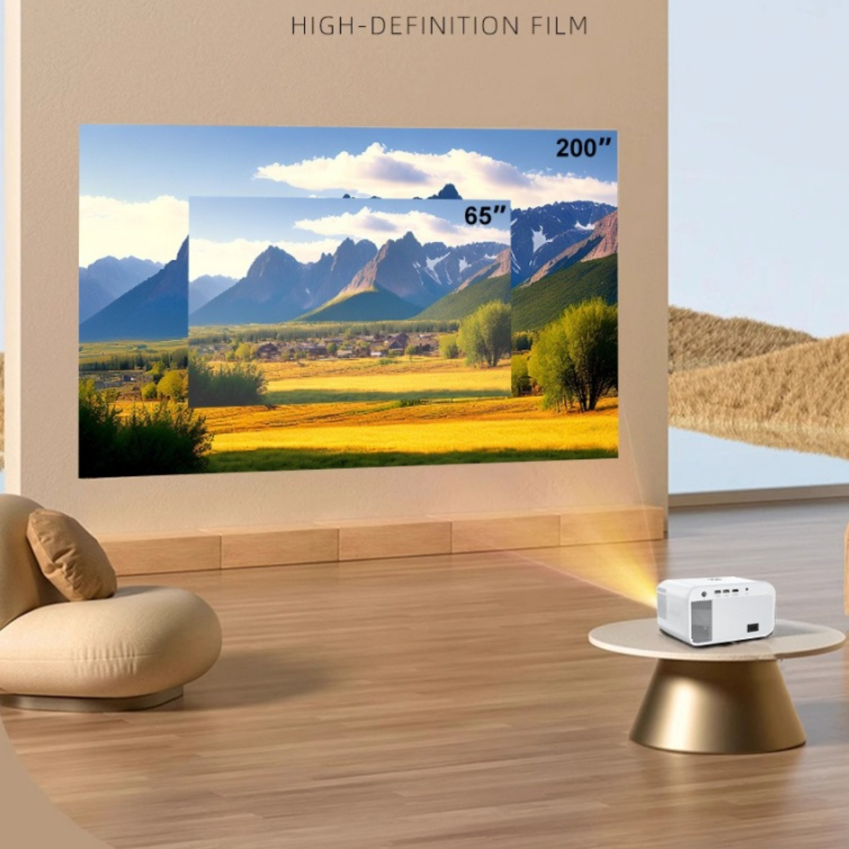 Ein Projektor projiziert ein Landschaftsbild auf eine Wand, mit verschiedenen Größenangaben. Holzfußboden und beige Wand.