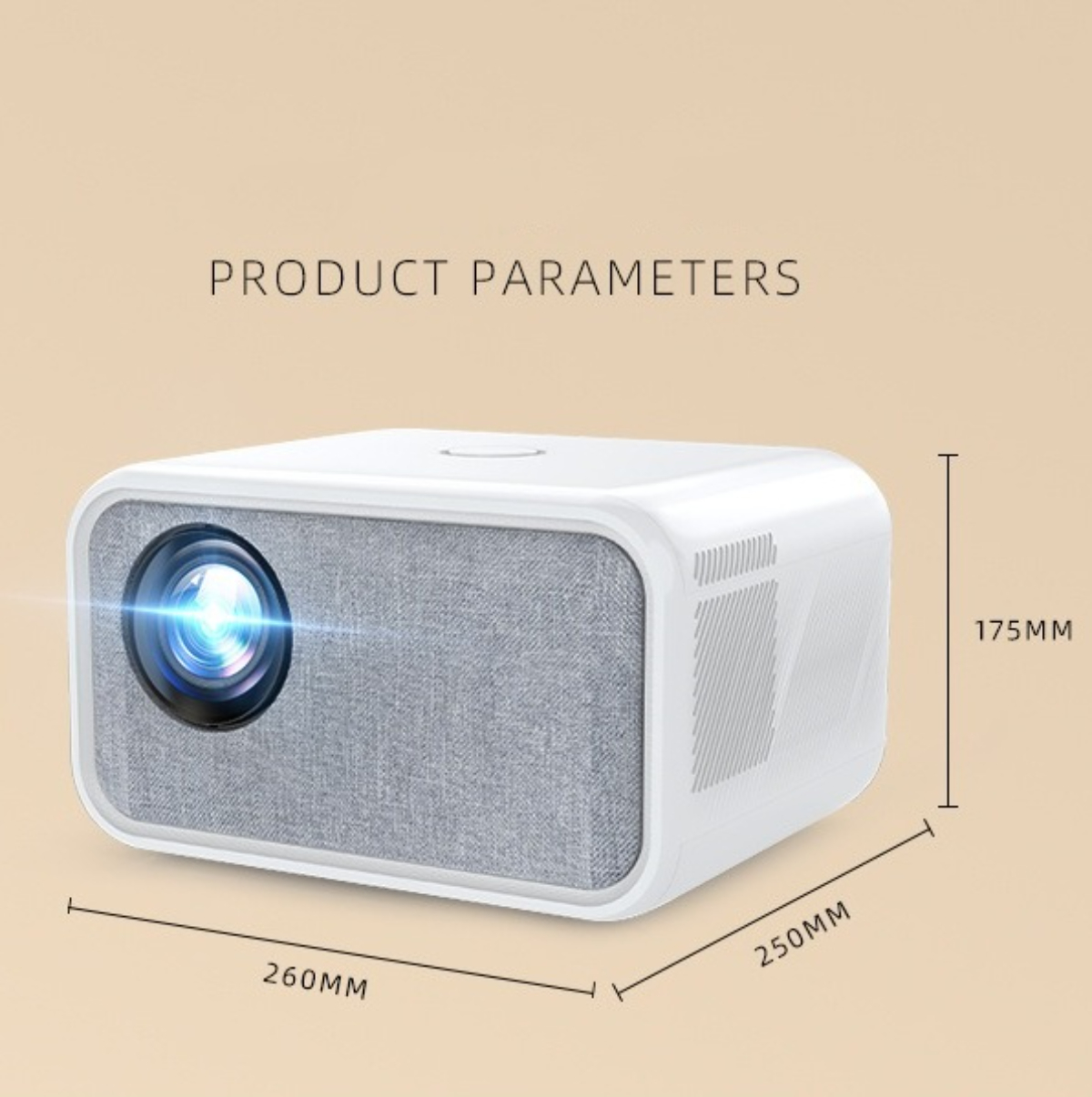 Weißer Projektor mit grauem Lautsprecherfeld, Abmessungen und Text 'PRODUCT PARAMETERS'.