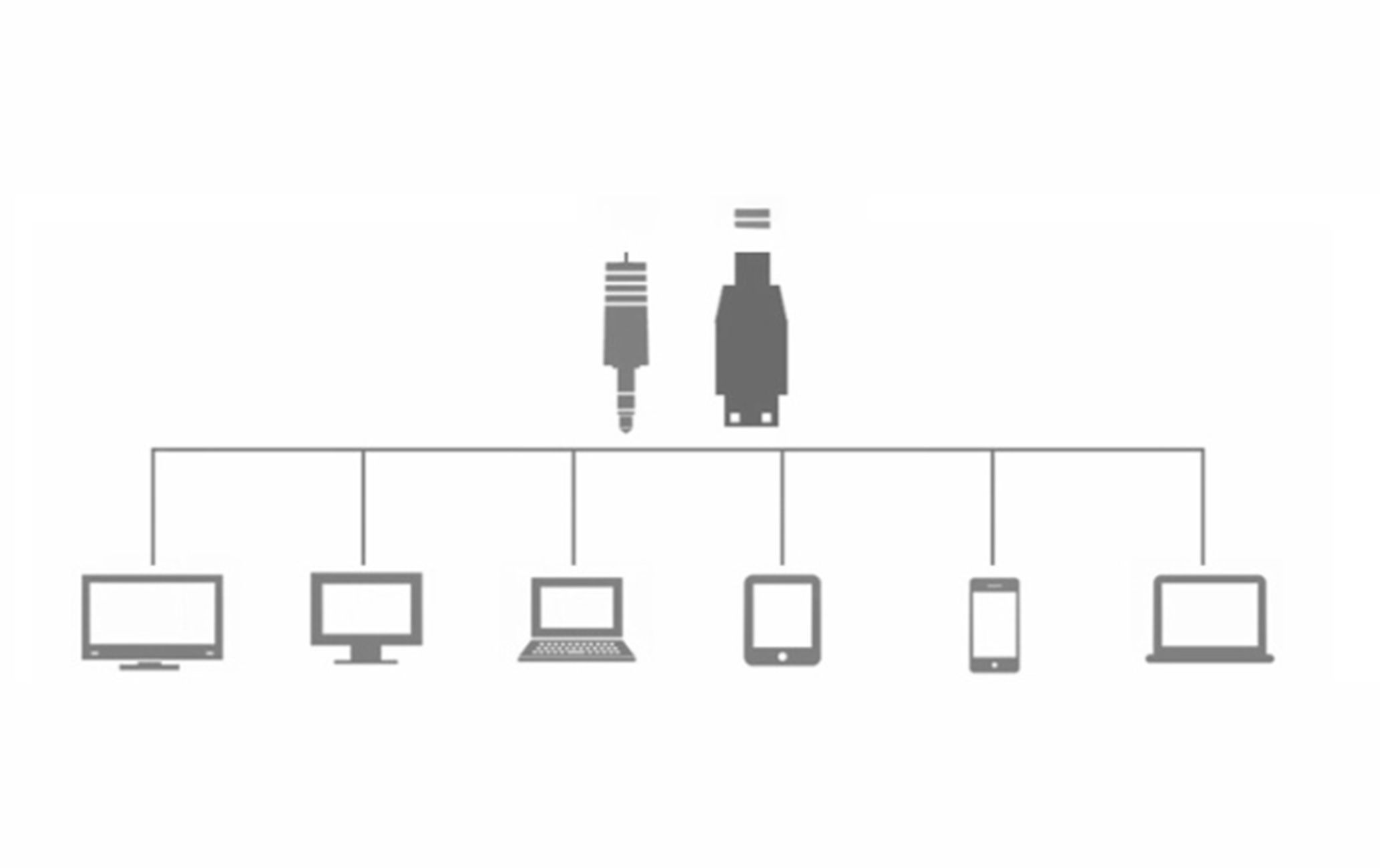 Ein Diagramm verschiedener Geräte, die über Leitungen mit einem zentralen Hub verbunden sind.