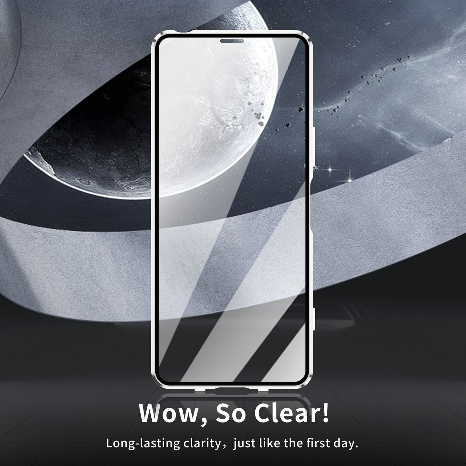 Ein Smartphone-Displayschutz. Der Bildschirm ist klar mit weißem Rand. Der Hintergrund zeigt eine Galaxie und Sterne.