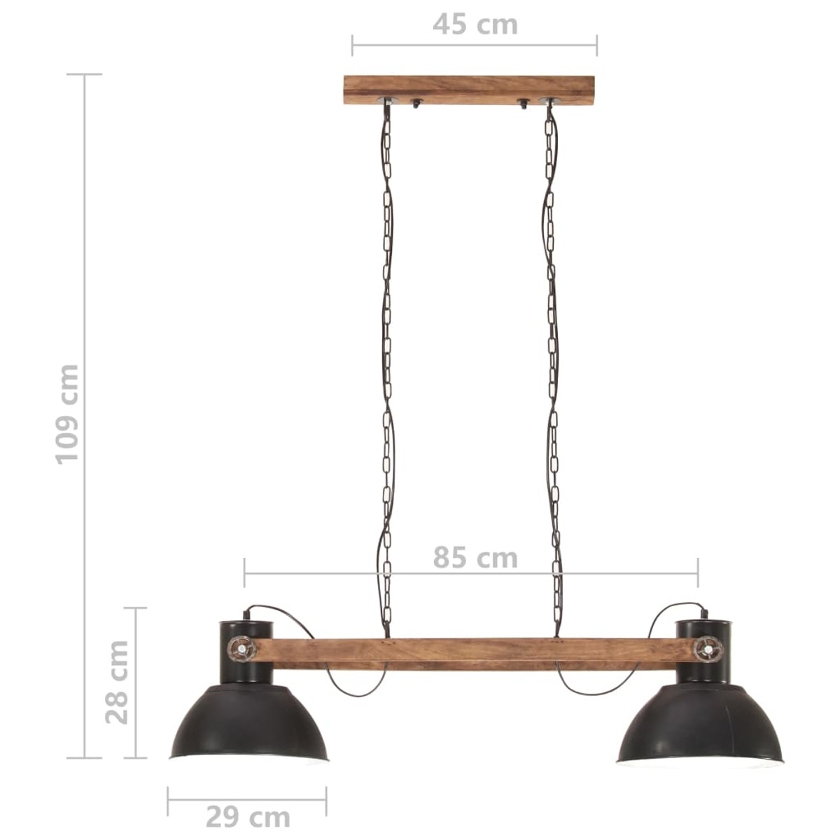 Hängende schwarze Lampen mit Holzbalken. Abmessungen sind angegeben. Der Hintergrund ist weiß.