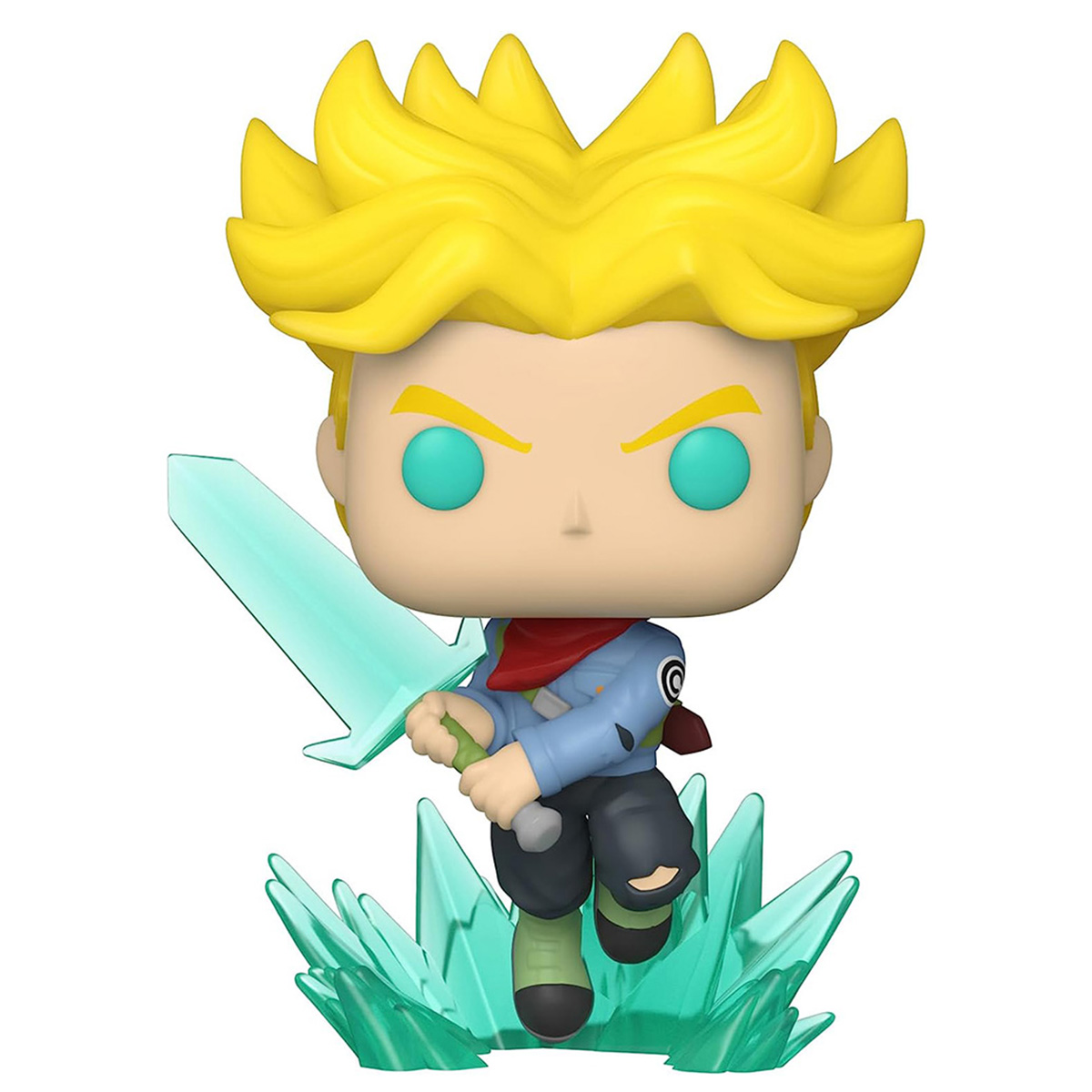 Figurka Funko Pop Trunks z żółtymi włosami, trzymający miecz, na zielonych kryształach.