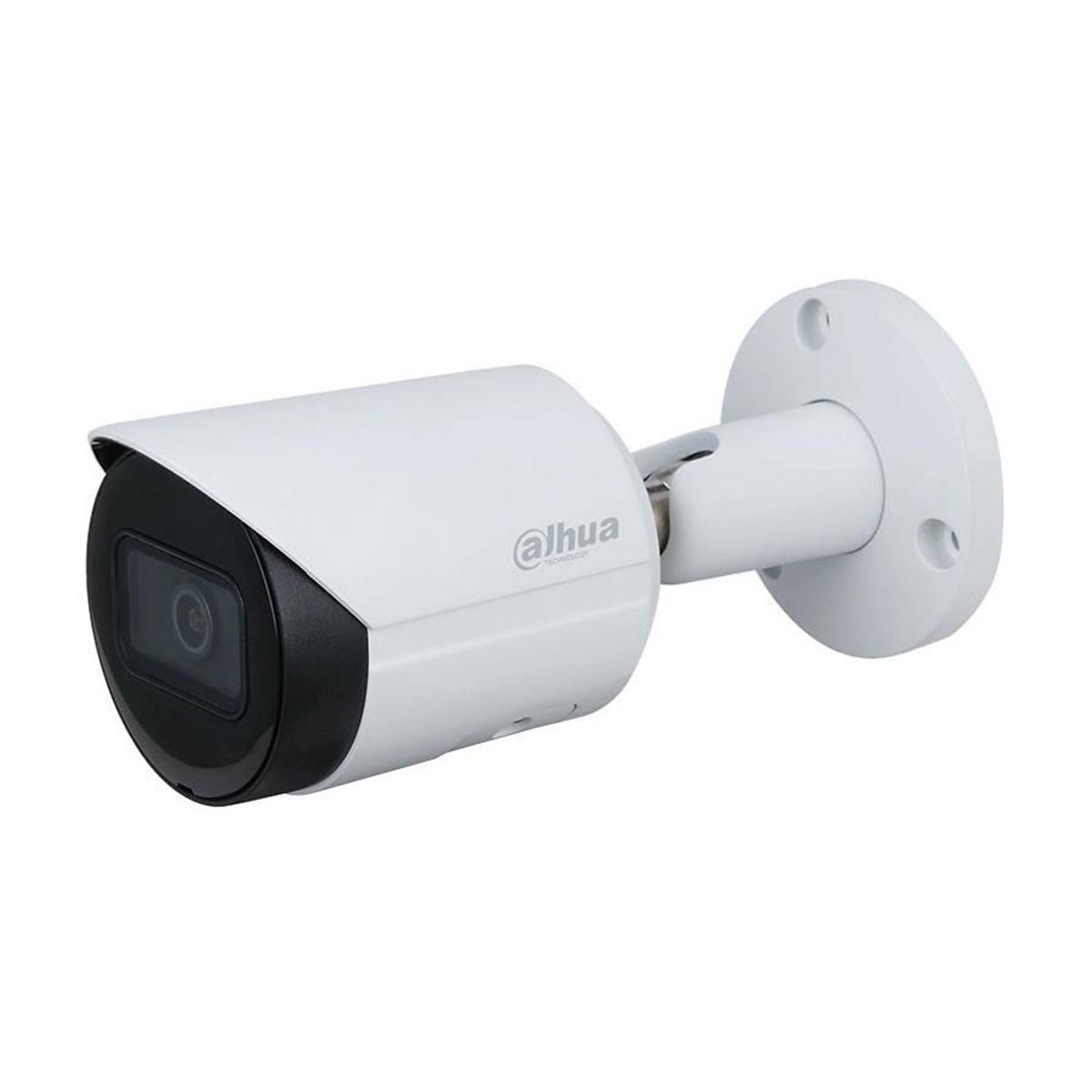 Cámara de seguridad blanca con lente negra. Montada en una pared blanca. Marca: Dahua technology.