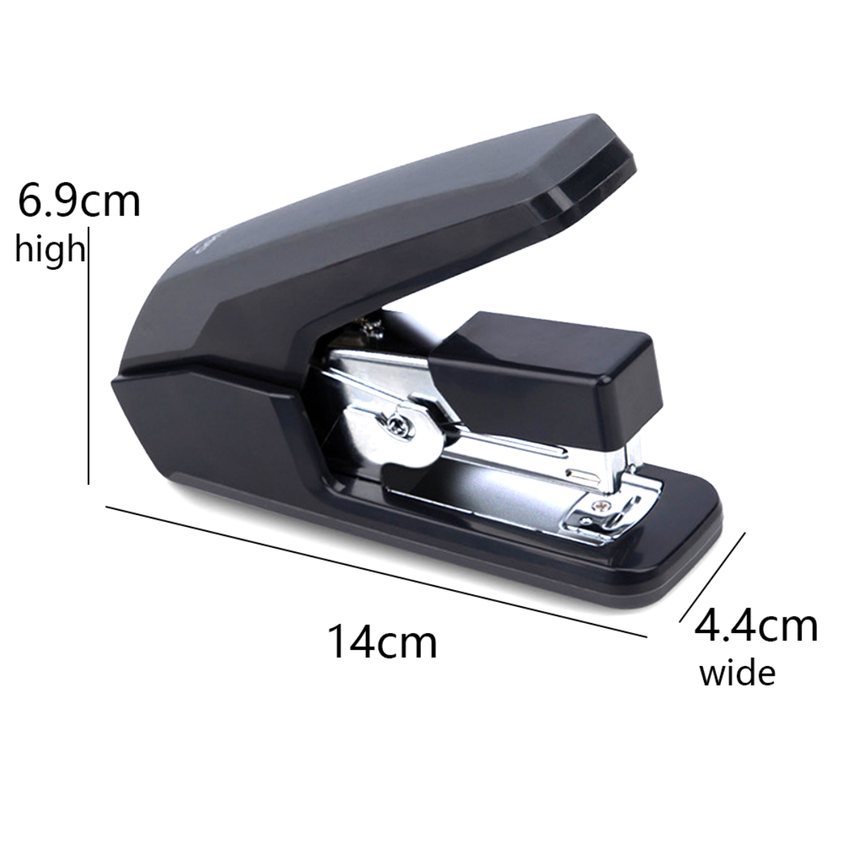 Schwarzer Tacker mit Maßen: 14 cm lang, 6,9 cm hoch und 4,4 cm breit.