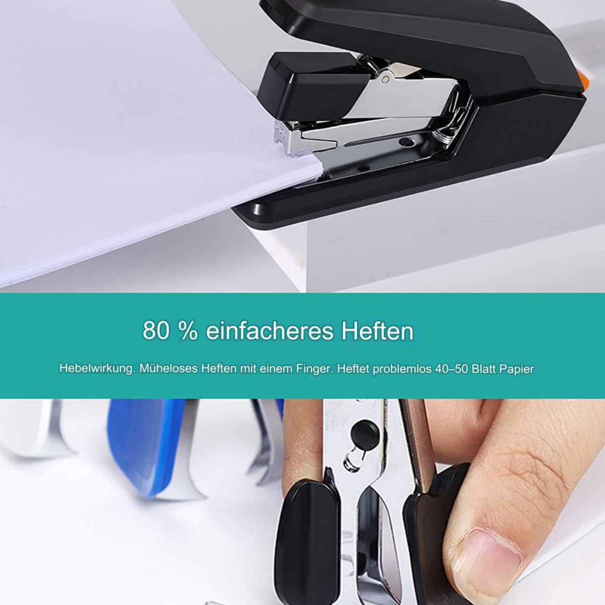 Tacker heftet weißes Papier. Der Tacker ist schwarz und silber. Text sagt, dass es einfacher zu heften ist.