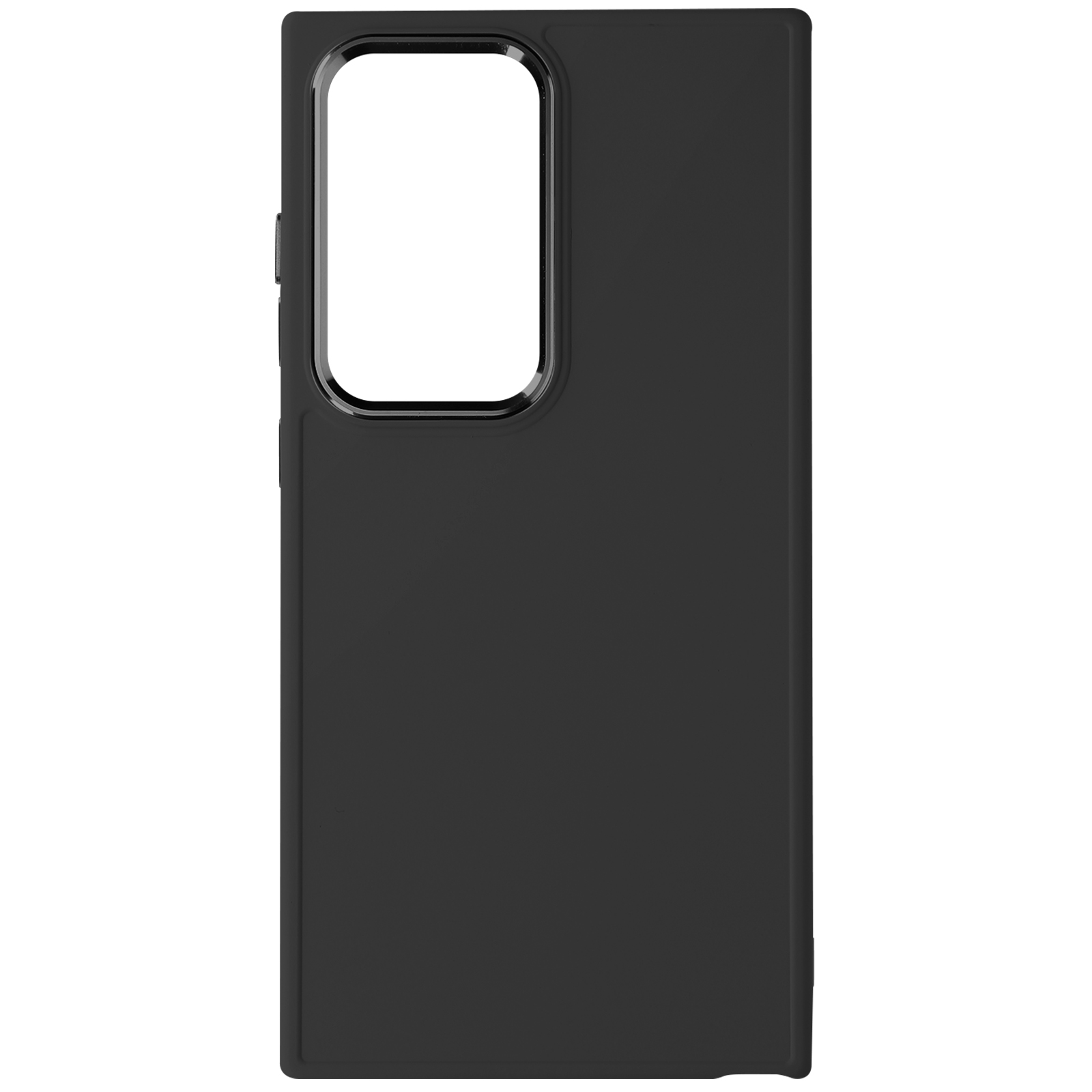 Custodia per telefono nera con ritaglio per la fotocamera. Forma rettangolare, con un grande ritaglio.