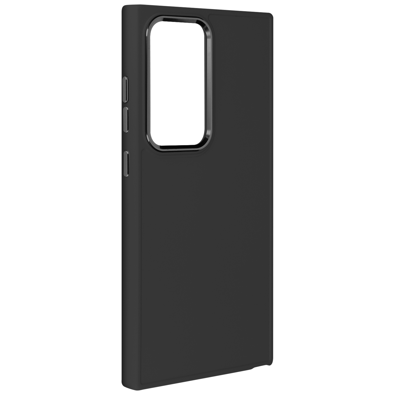 Custodia per telefono nera con ritaglio rettangolare per fotocamera e pulsanti laterali.