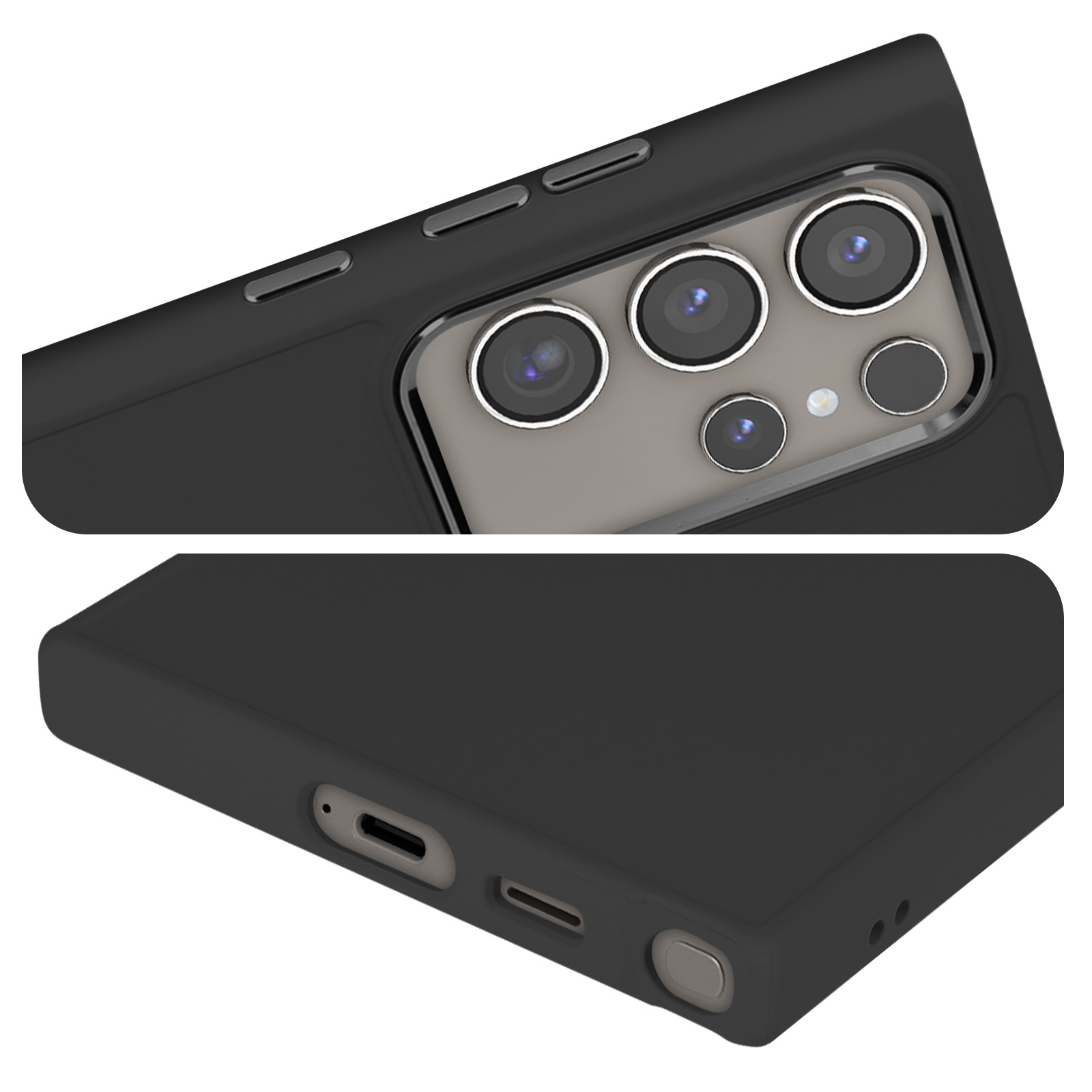 Primo piano di un telefono nero con fotocamere e porte. Sfondo bianco.