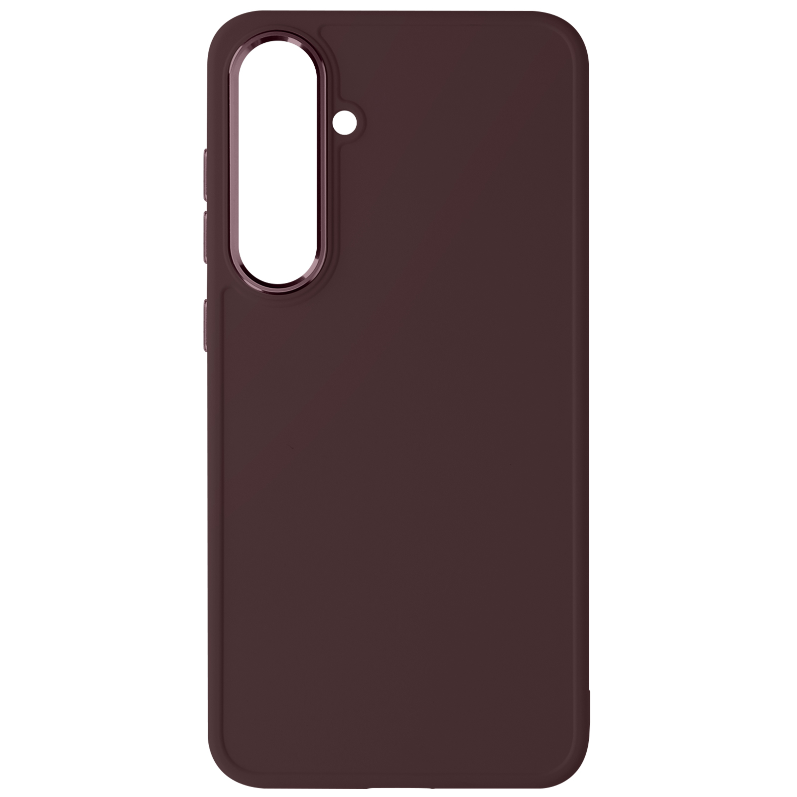 Custodia per telefono, colore marrone. La custodia ha un pulsante laterale e un foro per la fotocamera.