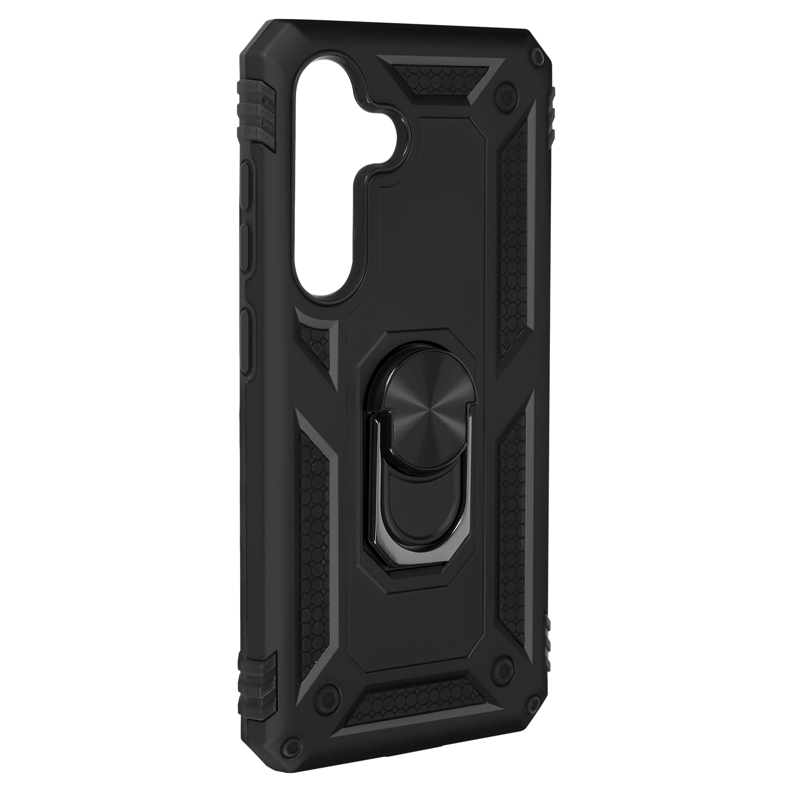 Custodia nera per telefono con anello. Motivo esagonale. Nero. Vista angolata.