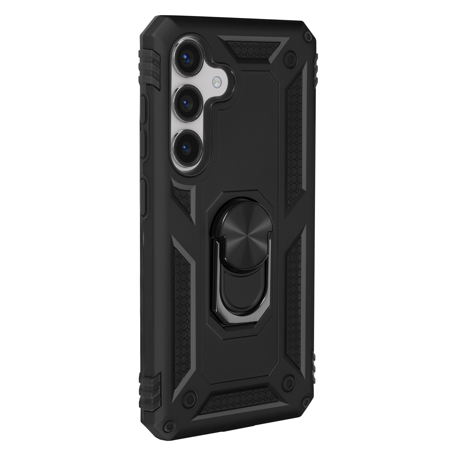 Custodia per telefono nera e robusta con supporto ad anello. La custodia ha un design strutturato e un rilievo per la fotocamera.