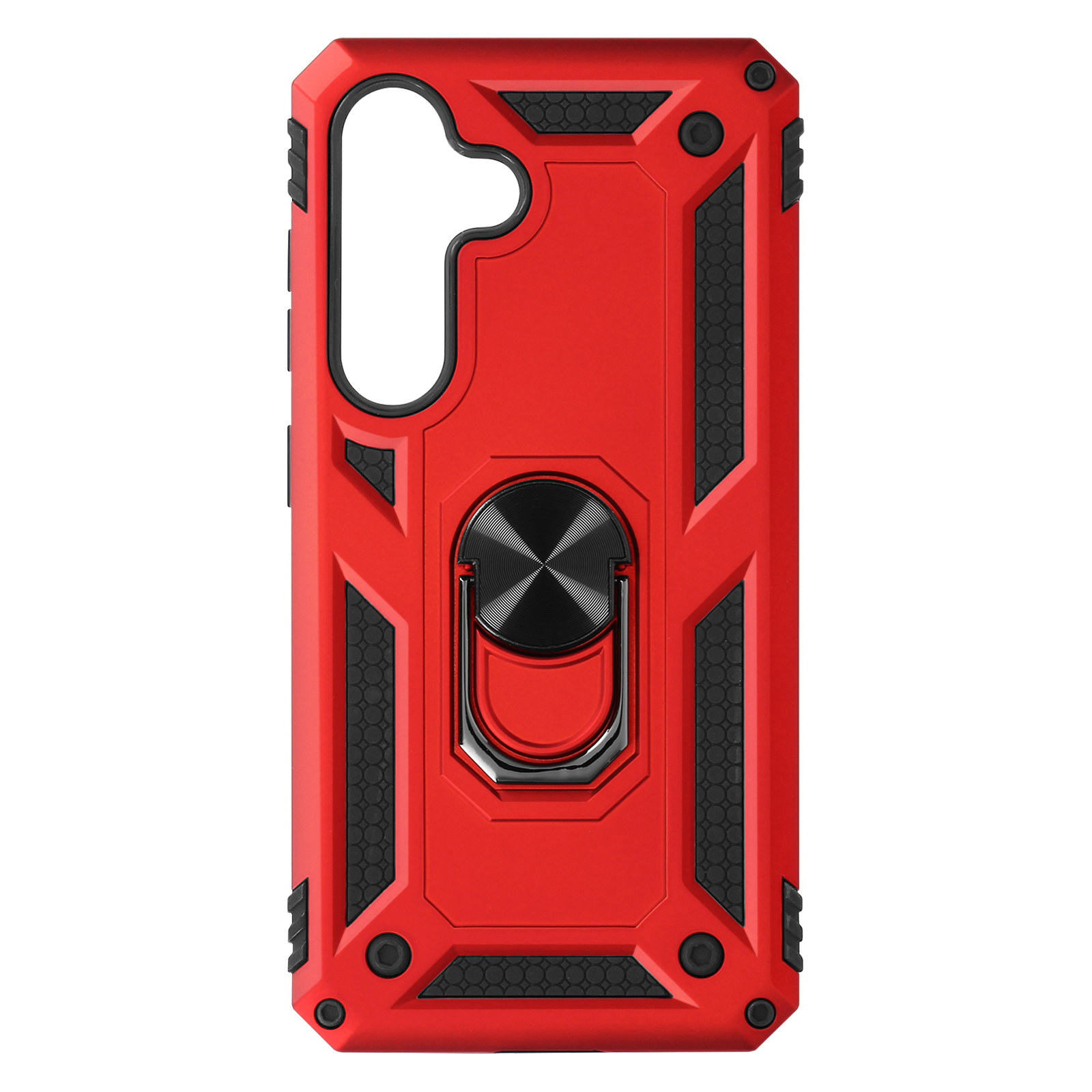 Une coque de téléphone rouge avec un support d'anneau. L'arrière a un design texturé et un anneau noir.