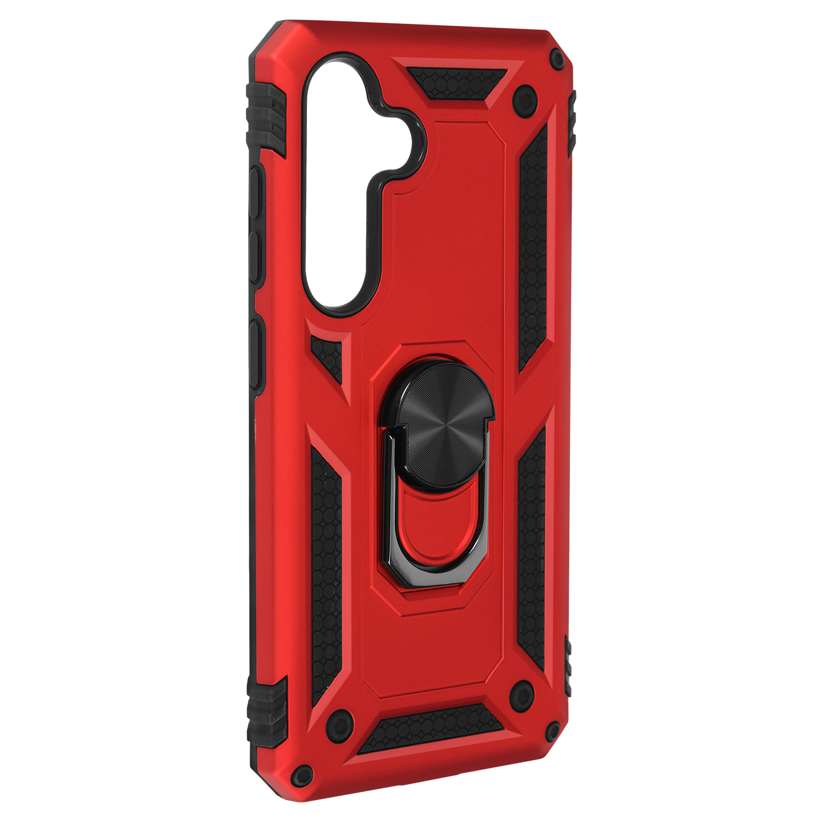 Coque de téléphone rouge avec des accents noirs, un anneau de doigt et un dos texturé.