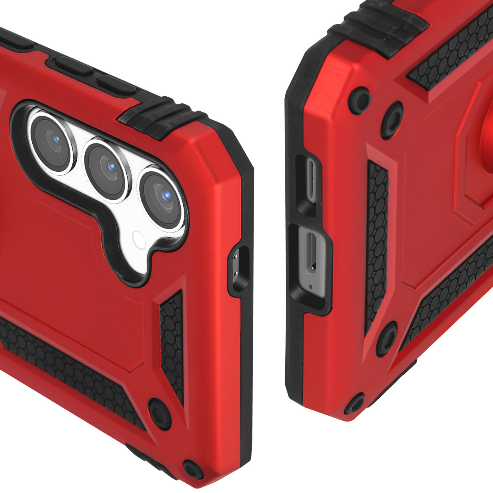 Coque de téléphone rouge. Montre les découpes de l'appareil photo et les boutons latéraux. Motif en nid d'abeille.