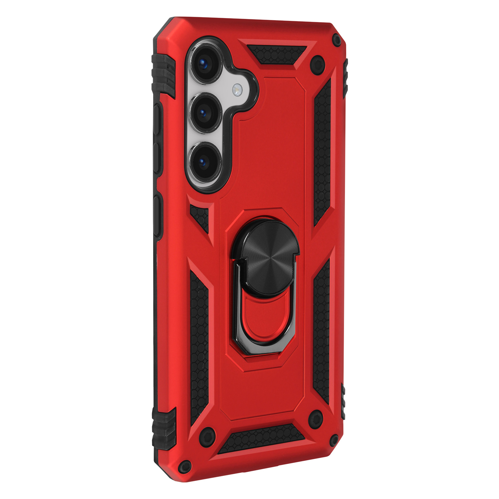 Coque de téléphone rouge et noire avec anneau de maintien. Trois objectifs.