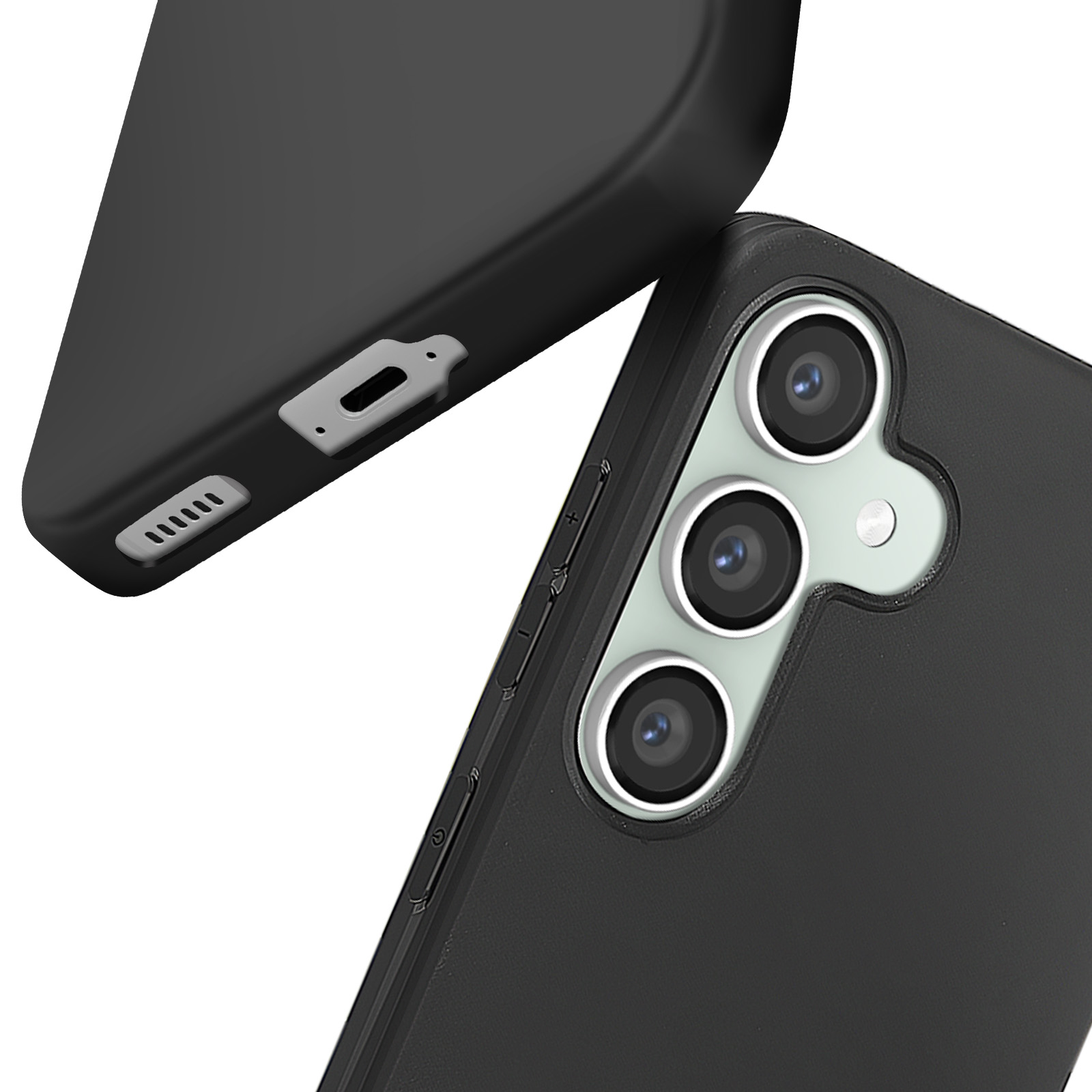 Telefono nero con tre obiettivi e un flash, primo piano, angolato.