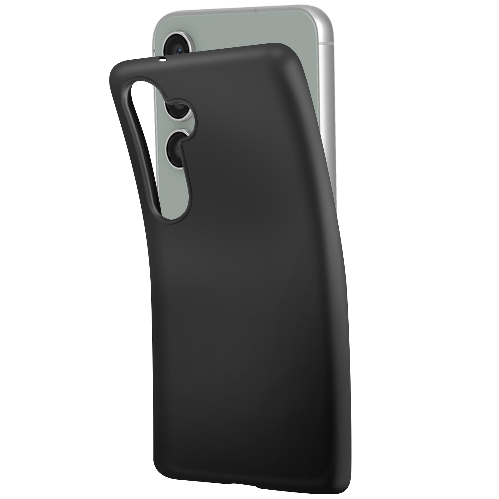 Custodia nera per telefono applicata a un telefono argento. La custodia è leggermente aperta.