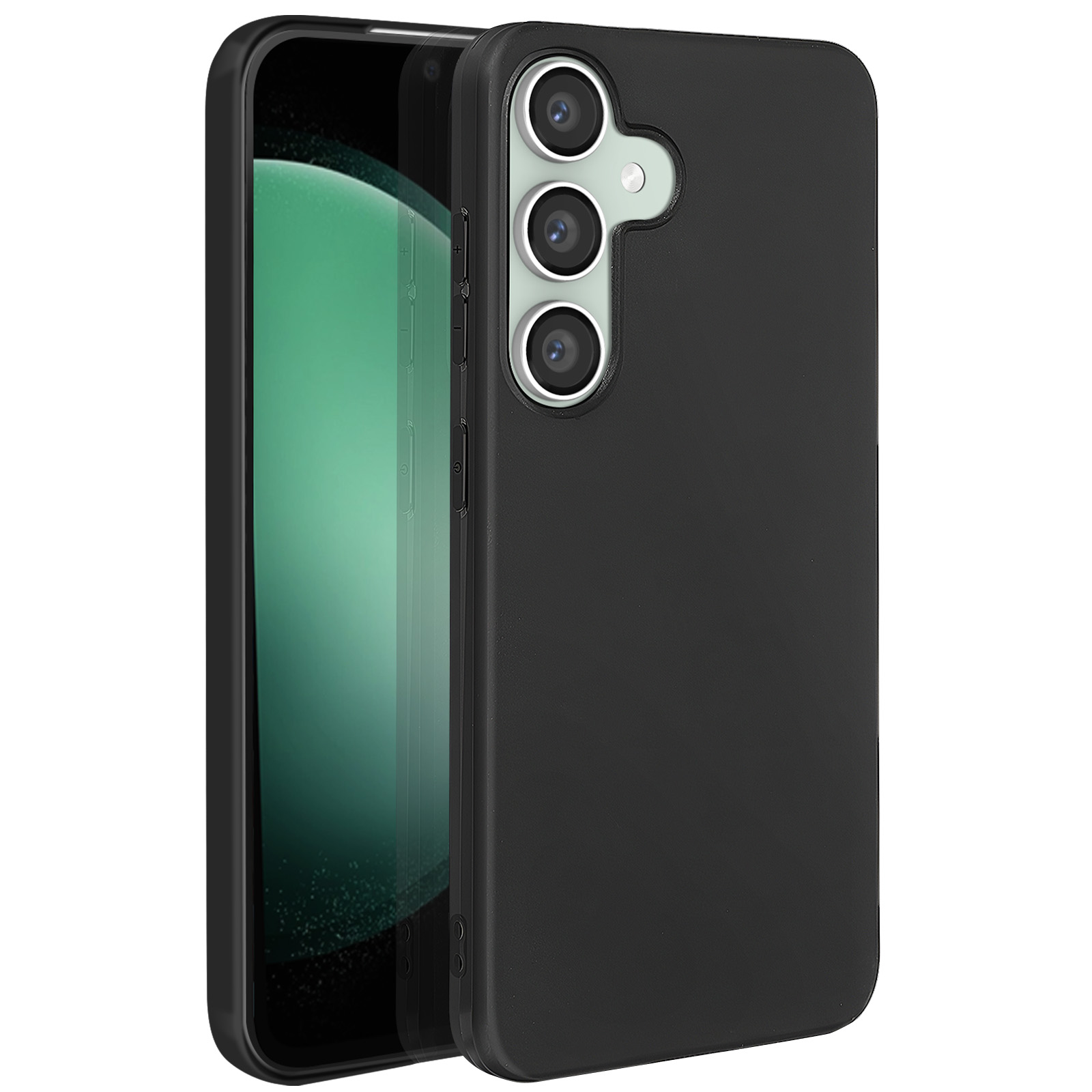 Custodia nera per telefono con telefono all'interno, fotocamera e pulsanti posteriori.