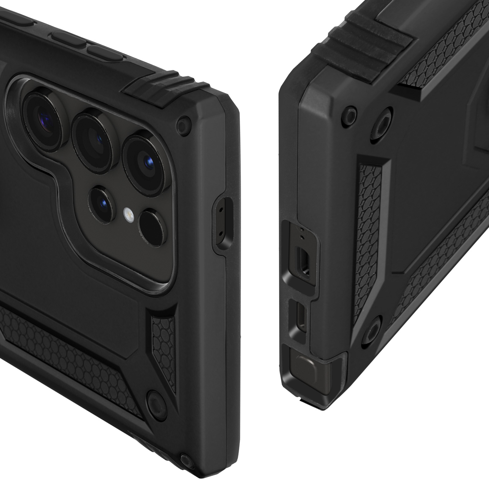 Due custodie nere per telefono, una mostra l'array della fotocamera, l'altra il lato.