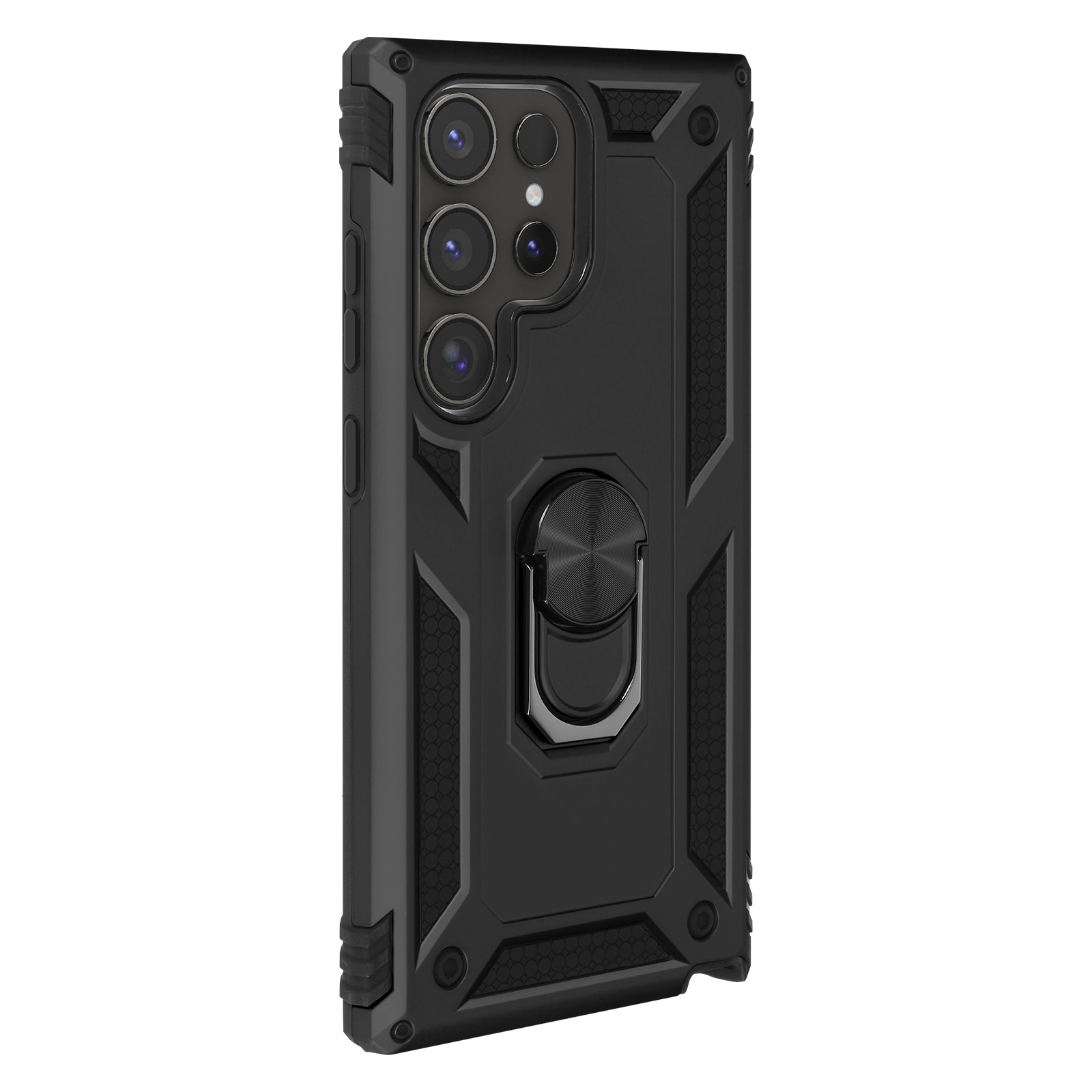 Custodia nera con anello argentato, design strutturato e lenti della fotocamera.