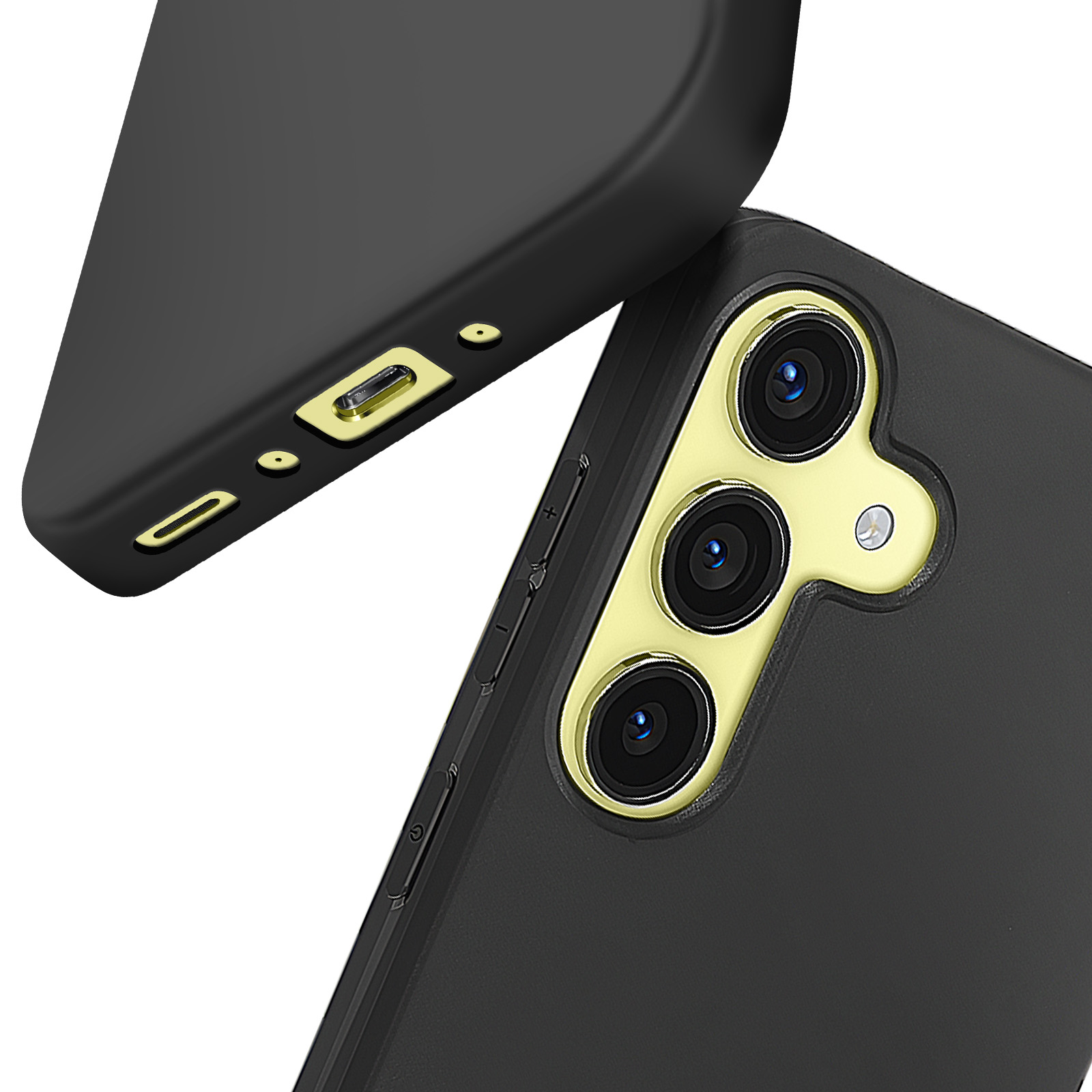 Primo piano di una custodia nera per telefono con tre obiettivi e dettagli gialli.