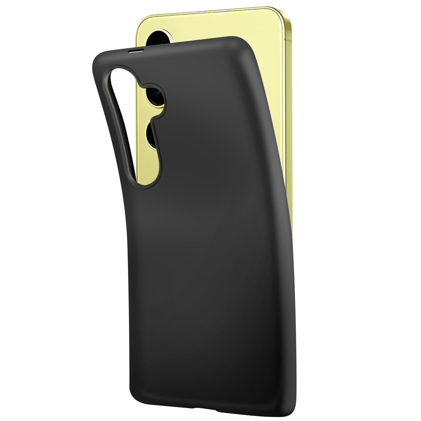 Custodia nera per telefono che viene posizionata su un telefono dorato. La custodia è aperta, rivelando la fotocamera del telefono.