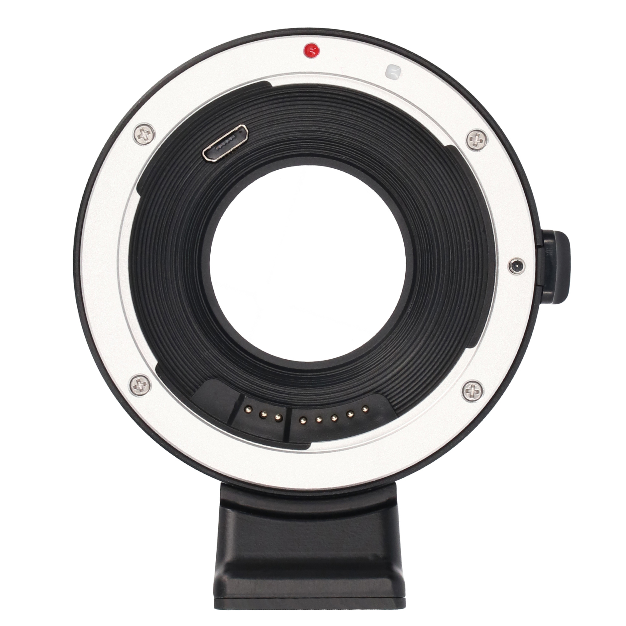 Ein Kameraobjektivadapter, schwarz mit einem silbernen Ring, der das Innenleben zeigt.