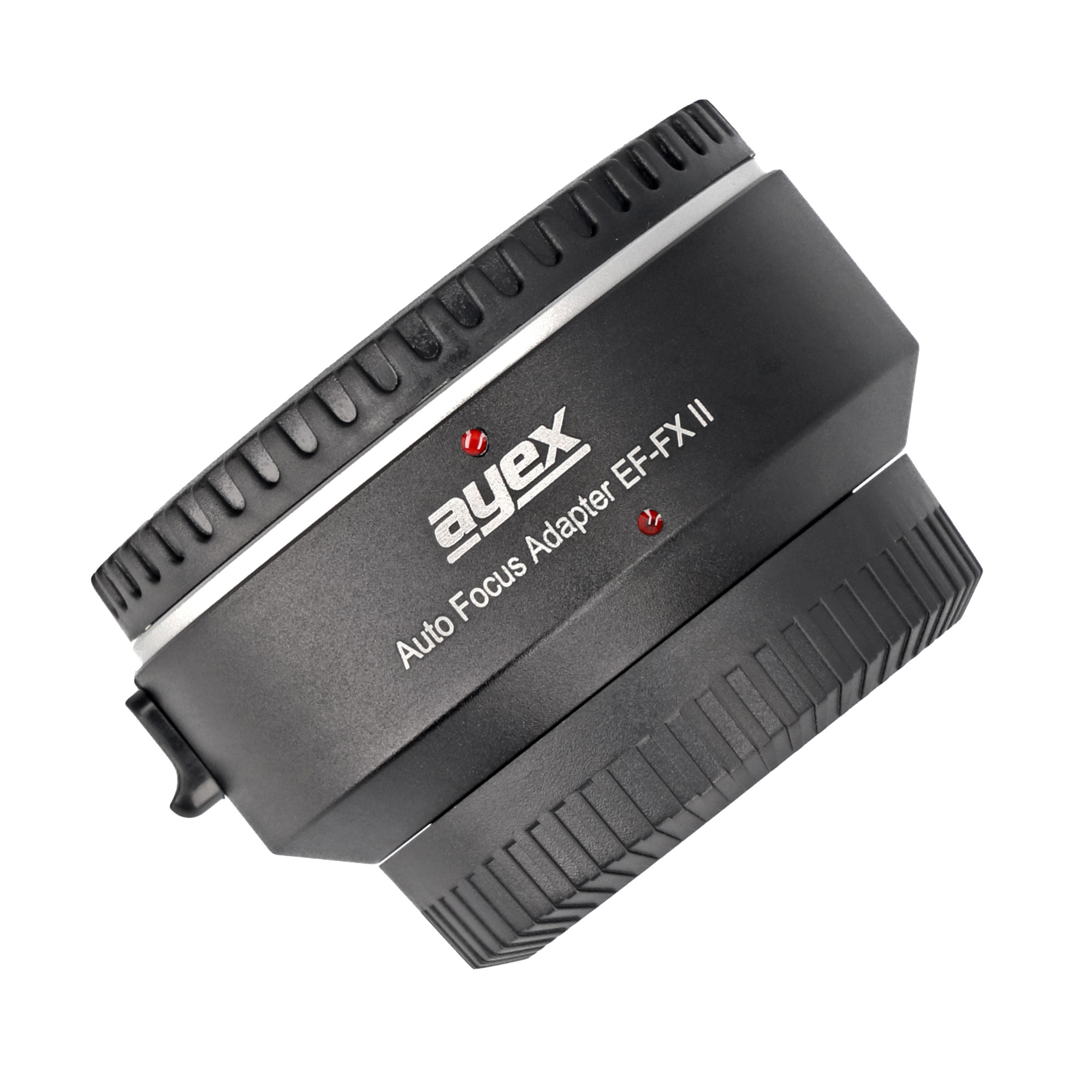 Schwarzer Autofokus-Adapter für eine Kamera. Mit Text 'ayex' und 'EF-FX II'.