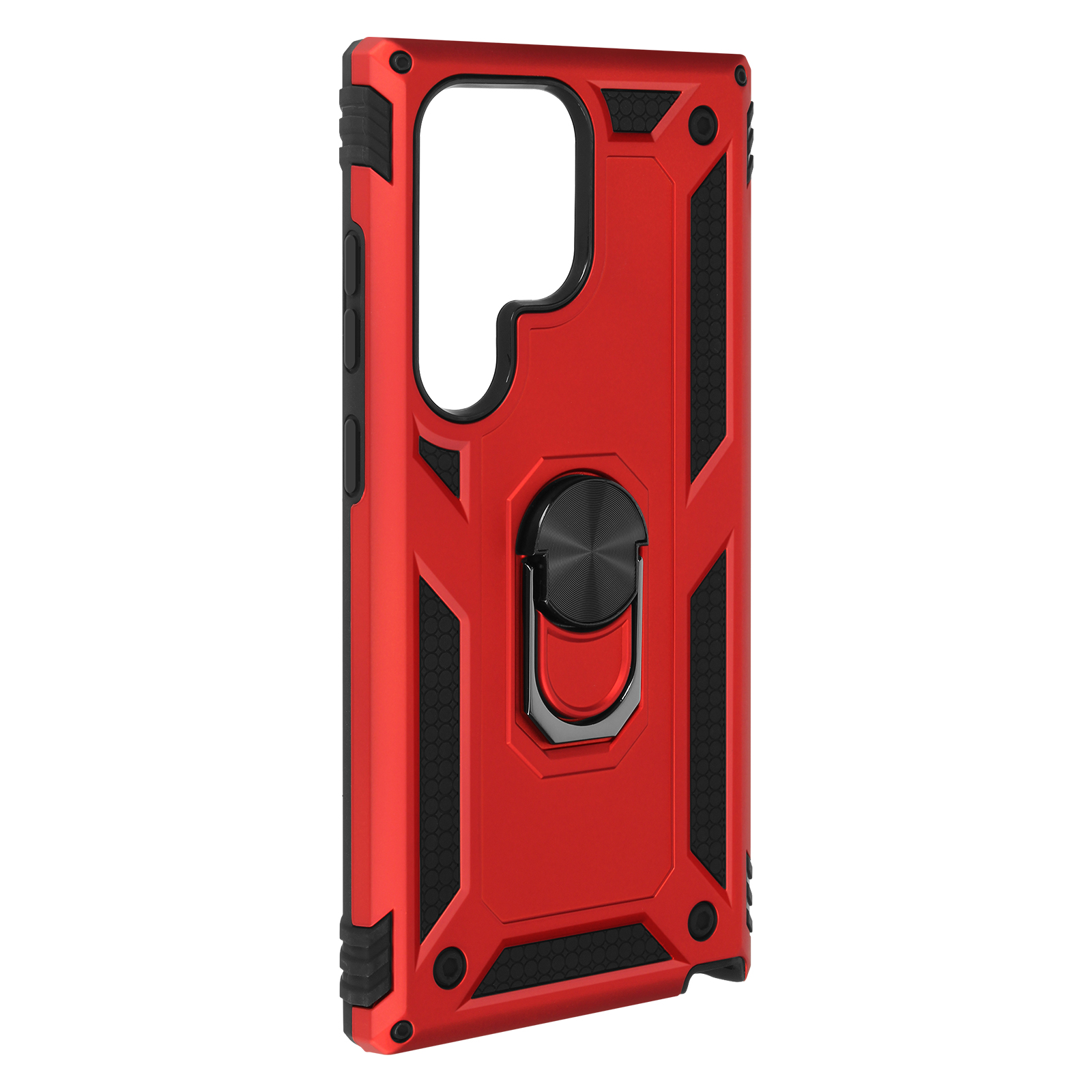 Custodia per telefono rossa e nera con supporto ad anello. Ha un design robusto con un ritaglio per la fotocamera.