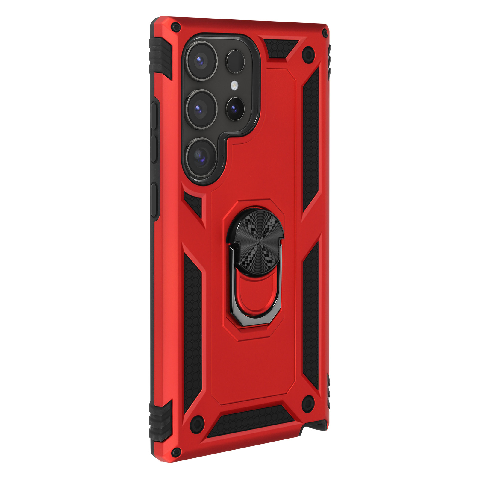 Custodia per telefono rossa con dettagli neri, un supporto ad anello e fori per la fotocamera.