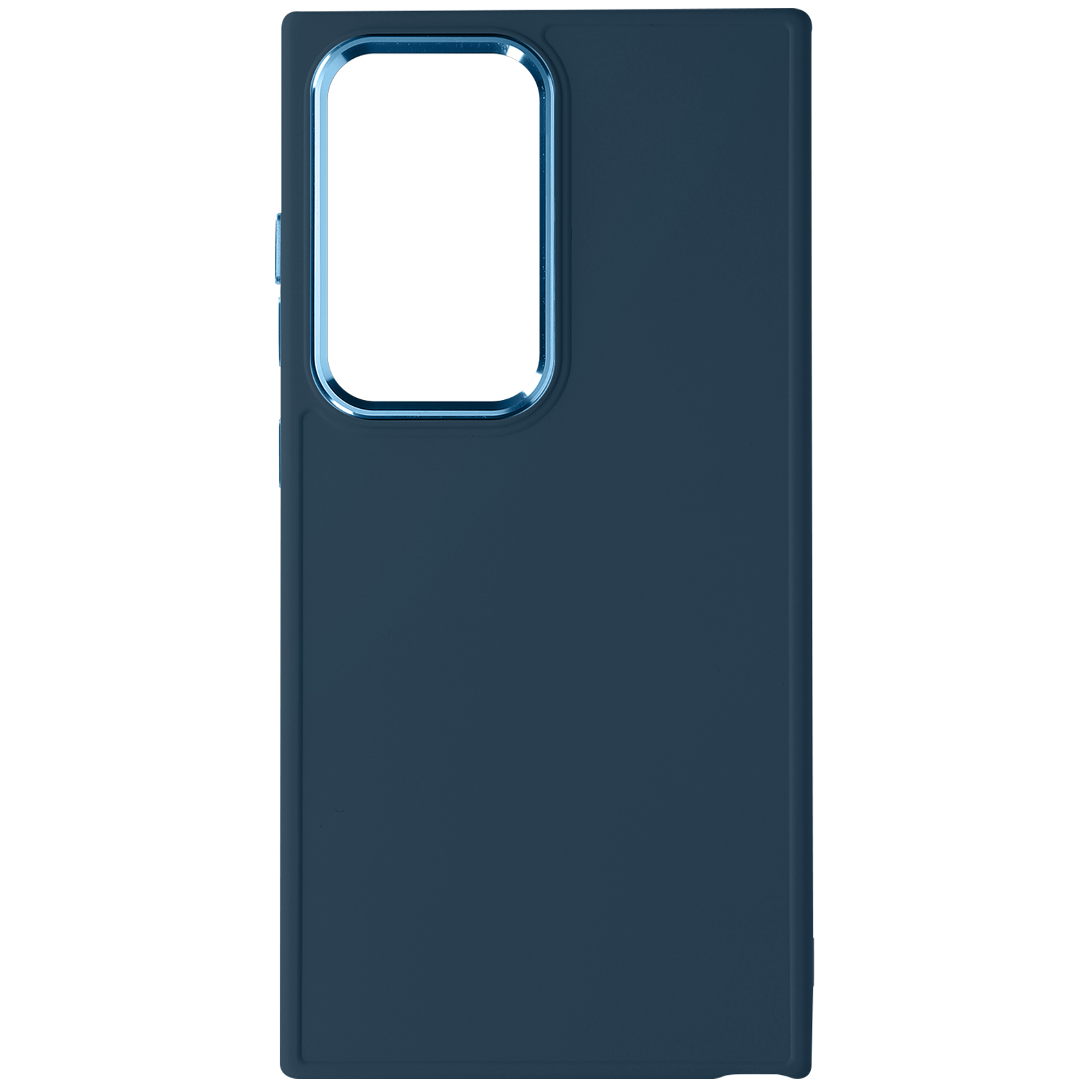 Custodia per telefono blu scuro. Il retro è a tinta unita con un ritaglio quadrato per la fotocamera e finiture blu.