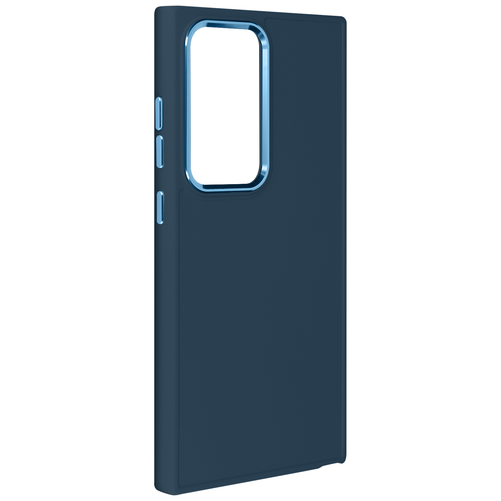Custodia per telefono blu scuro. Accenti blu attorno alla fotocamera. Sfondo bianco.