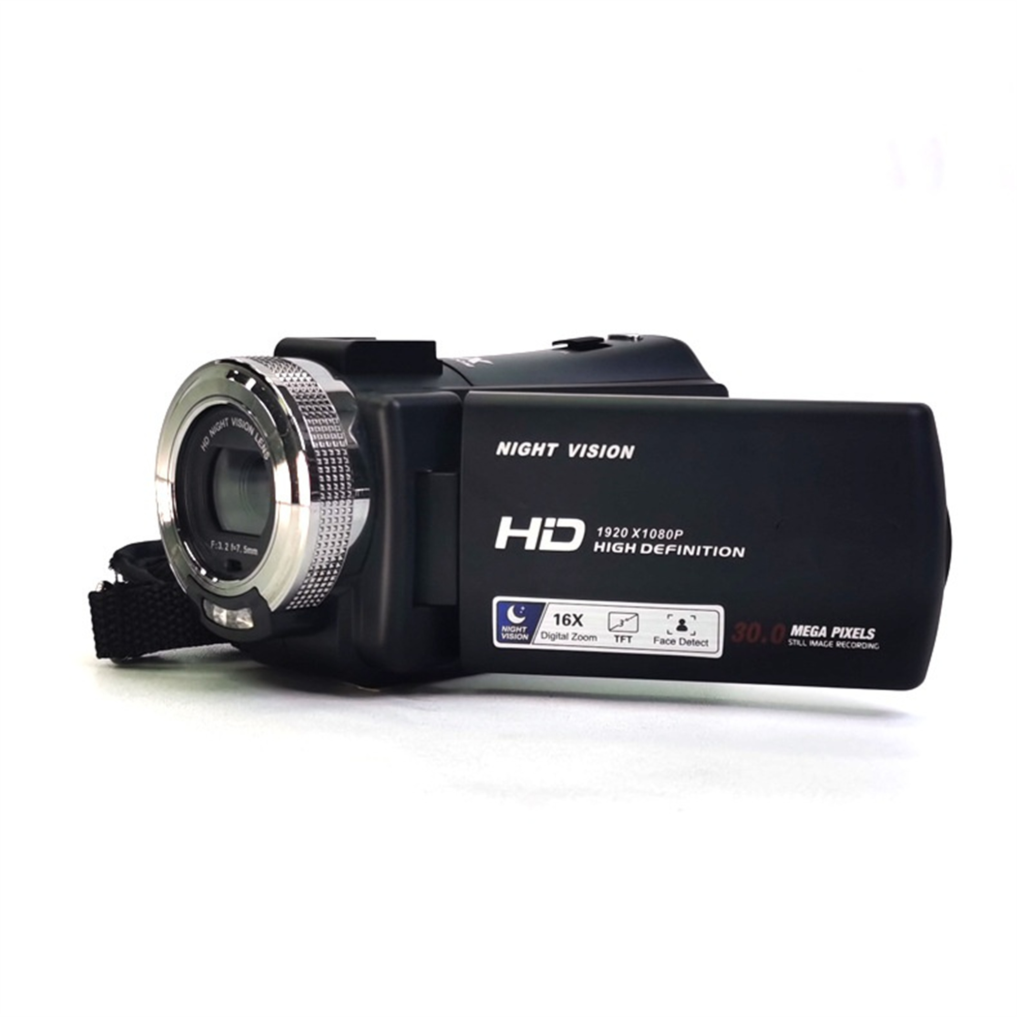 Schwarze Camcorder mit "Nachtsicht"-Etikett und Funktionen vor weißem Hintergrund.