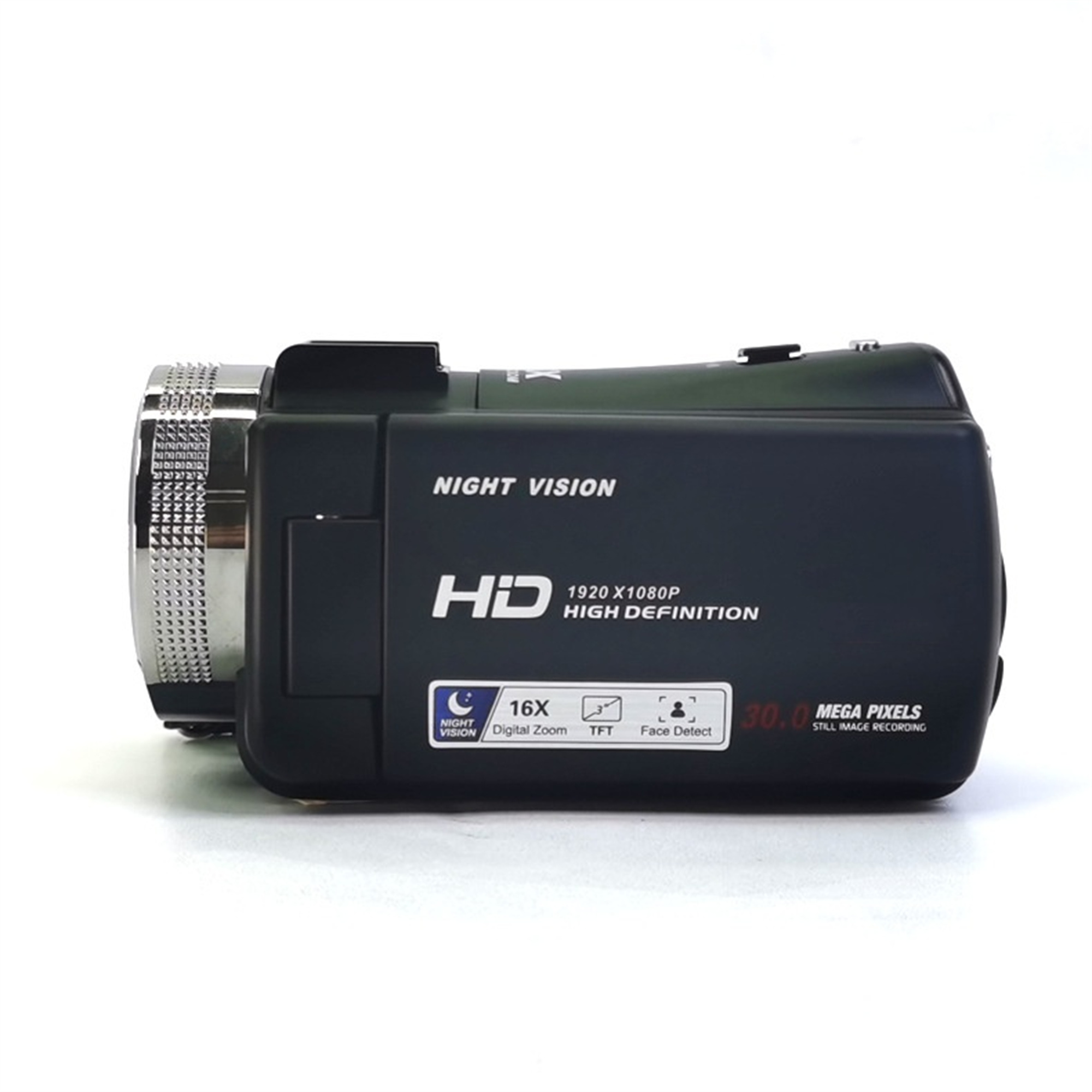 Schwarze Camcorder auf weißer Oberfläche, mit Nachtsicht und HD-Details.