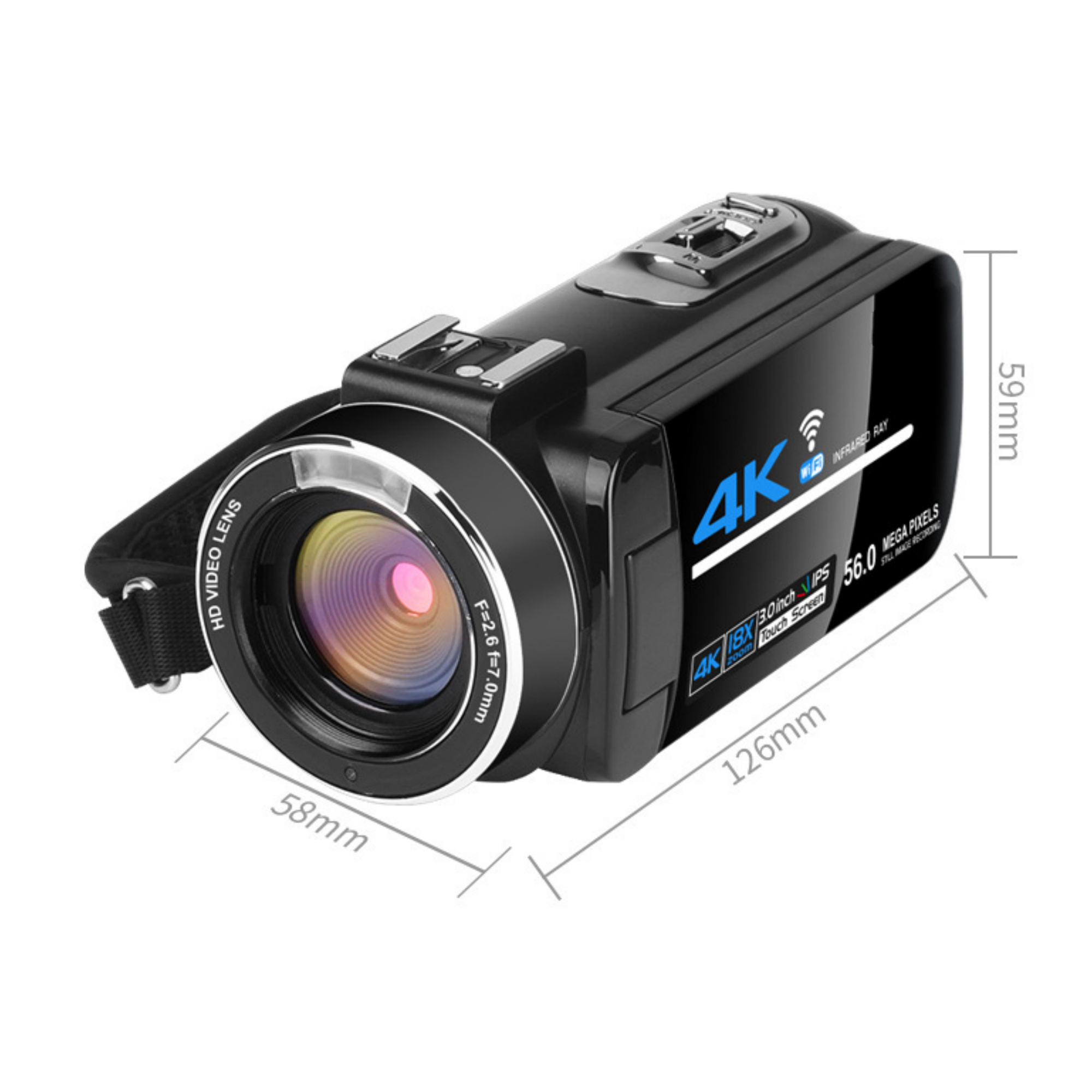 Eine schwarze 4K-Videokamera mit Messungen auf weißem Hintergrund.