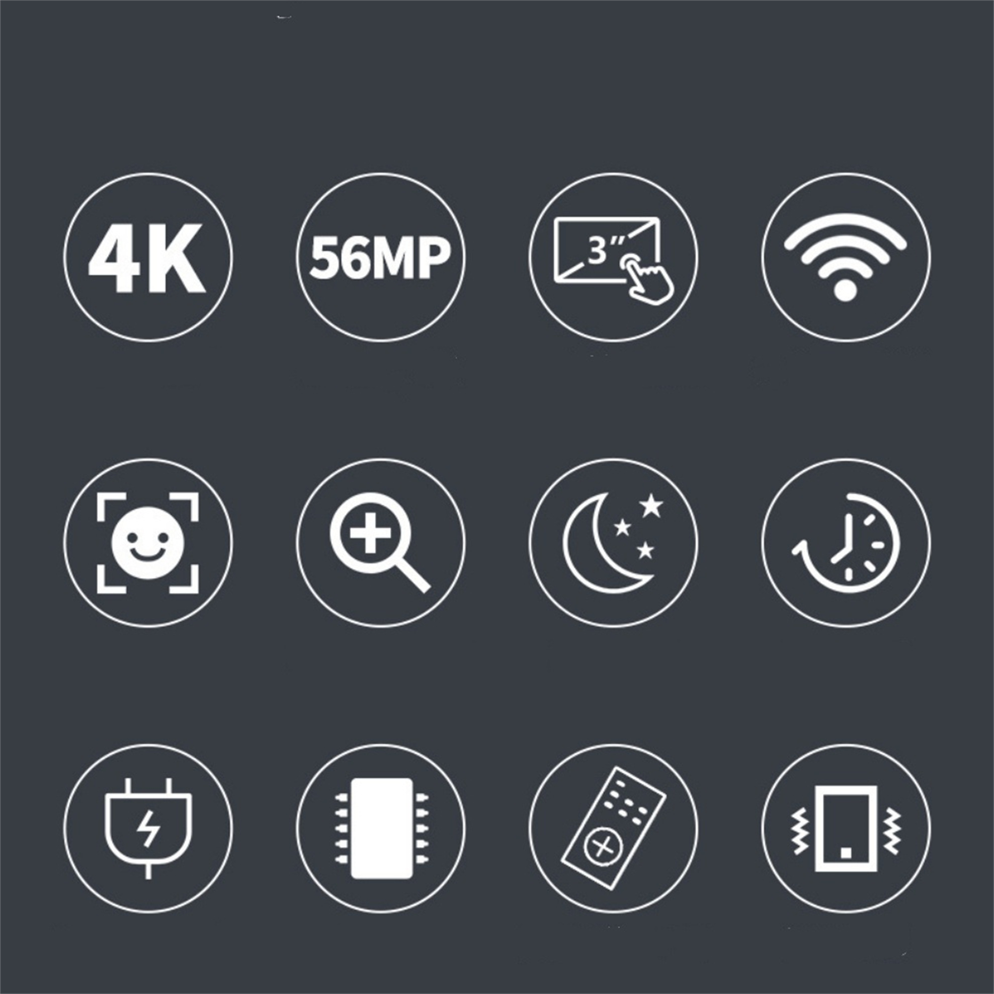 Symbole, die Technologie-Funktionen wie 4K, 56MP, WLAN, Touchscreen und mehr darstellen.