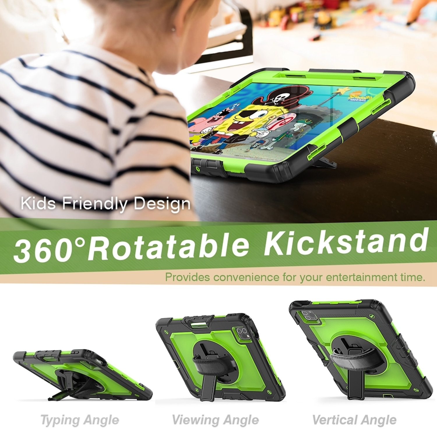 Ein Kind benutzt ein iPad mit einem Ständer. Der Ständer hat mehrere Winkel.