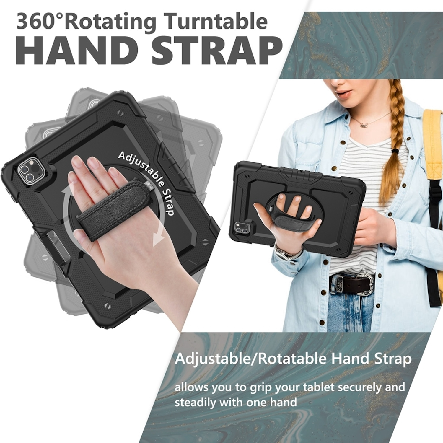 Schwarze Tablet-Hülle mit Handschlaufe, die Dreh- und Grifffunktionen zeigt.