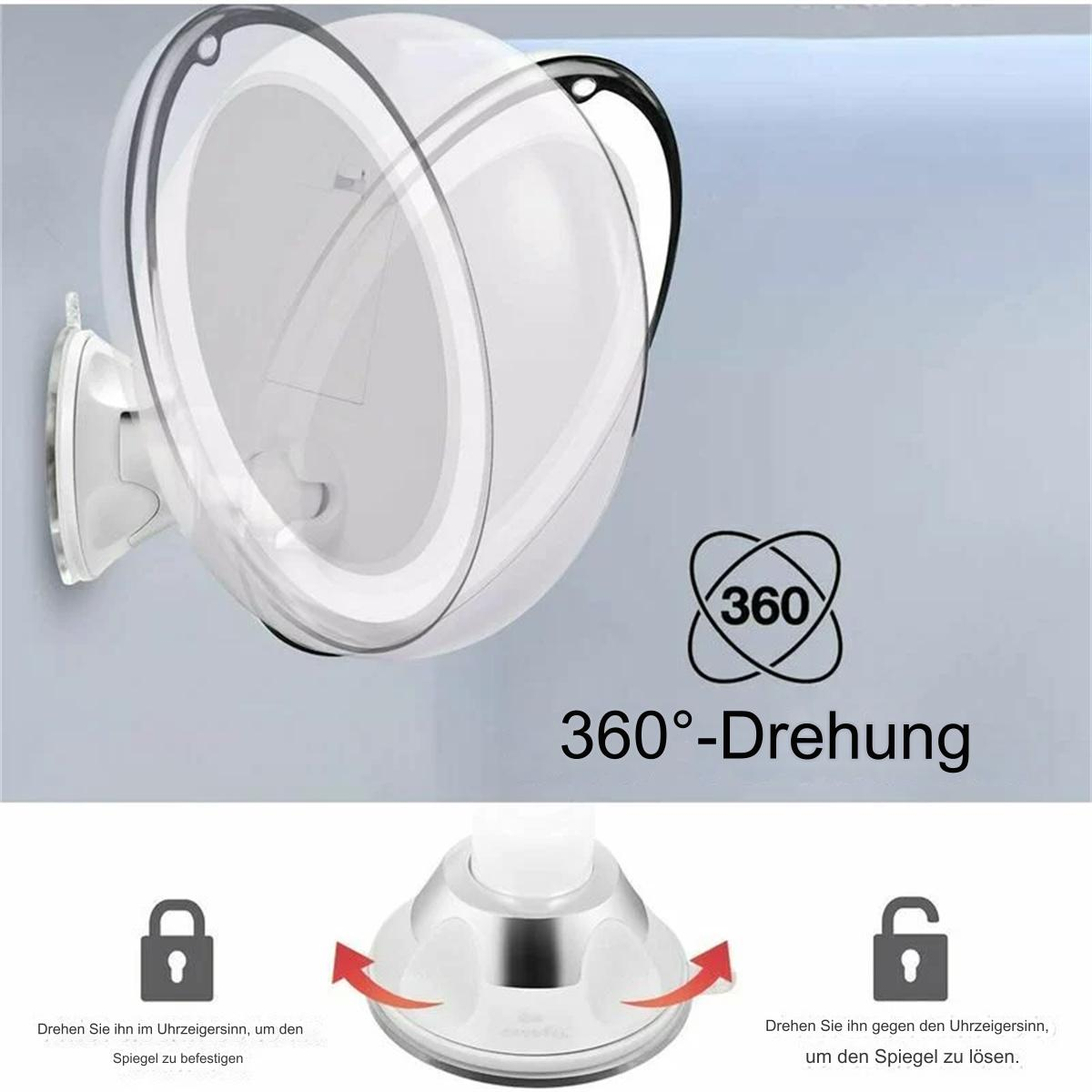 Weißer, kreisförmiger Schminkspiegel mit Saugnapf, 360-Grad-Drehung und Text auf Deutsch.