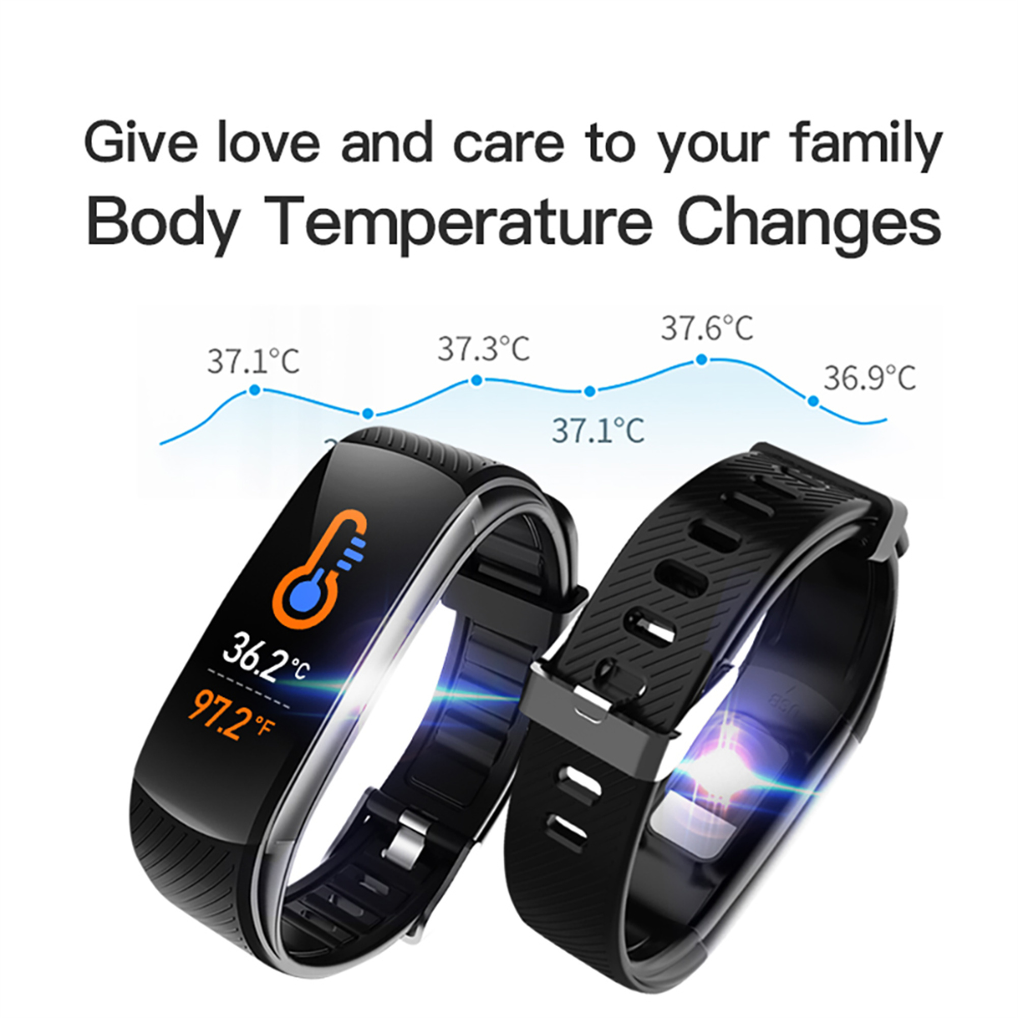 Zwei schwarze Smartwatches zeigen Körpertemperaturmesswerte und ein Diagramm an.