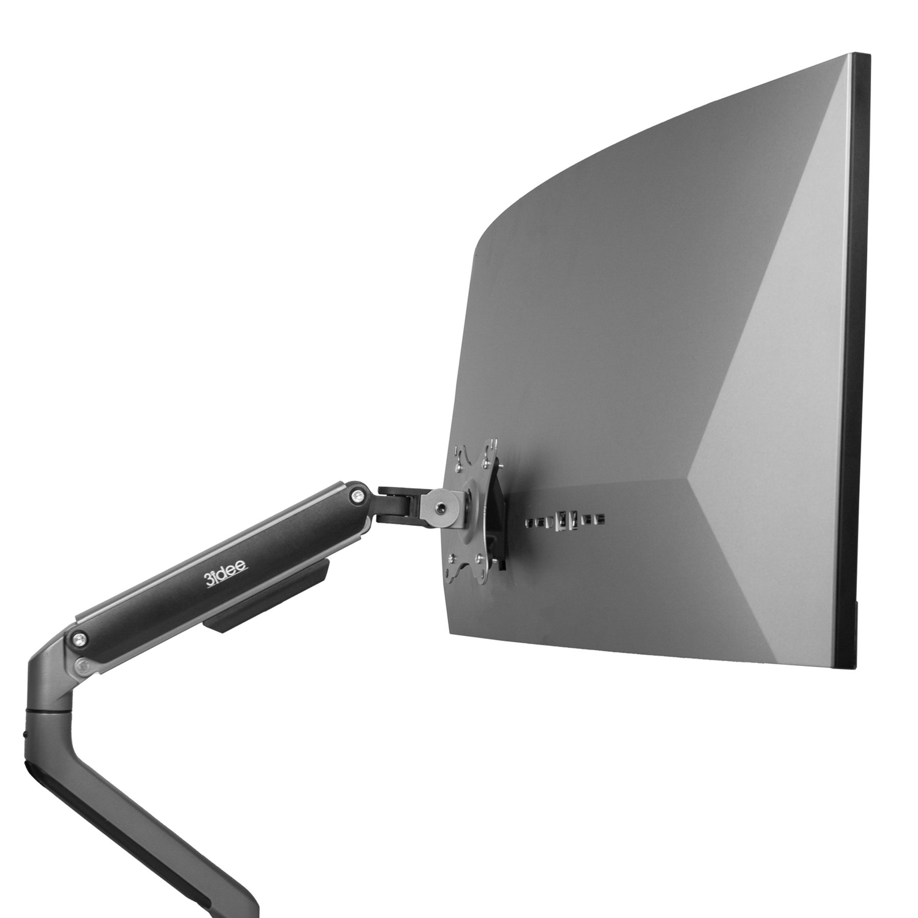 Ein grauer Monitor an einer Armhalterung, abgewandt. Der Monitor hat einen gebogenen Bildschirm.