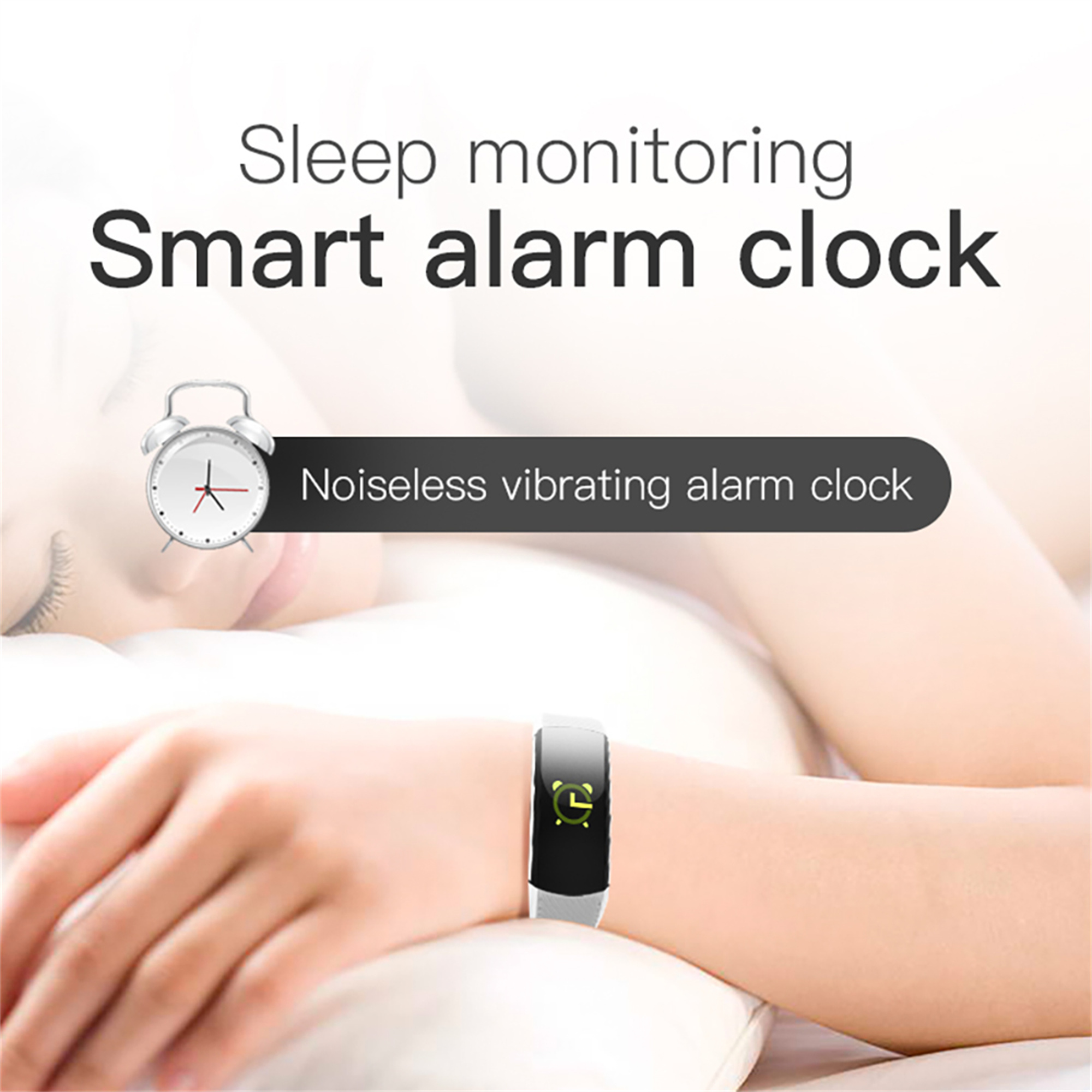 Eine Person im Bett mit einem Smartband. Text kennzeichnet das Gerät als Schlafüberwachungs-Wecker.