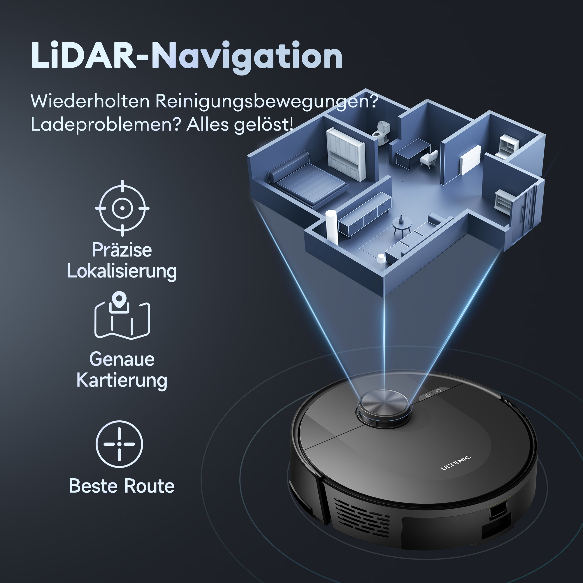 Roboter-Staubsauger und Diagramm mit Raumlayout und Funktionen.