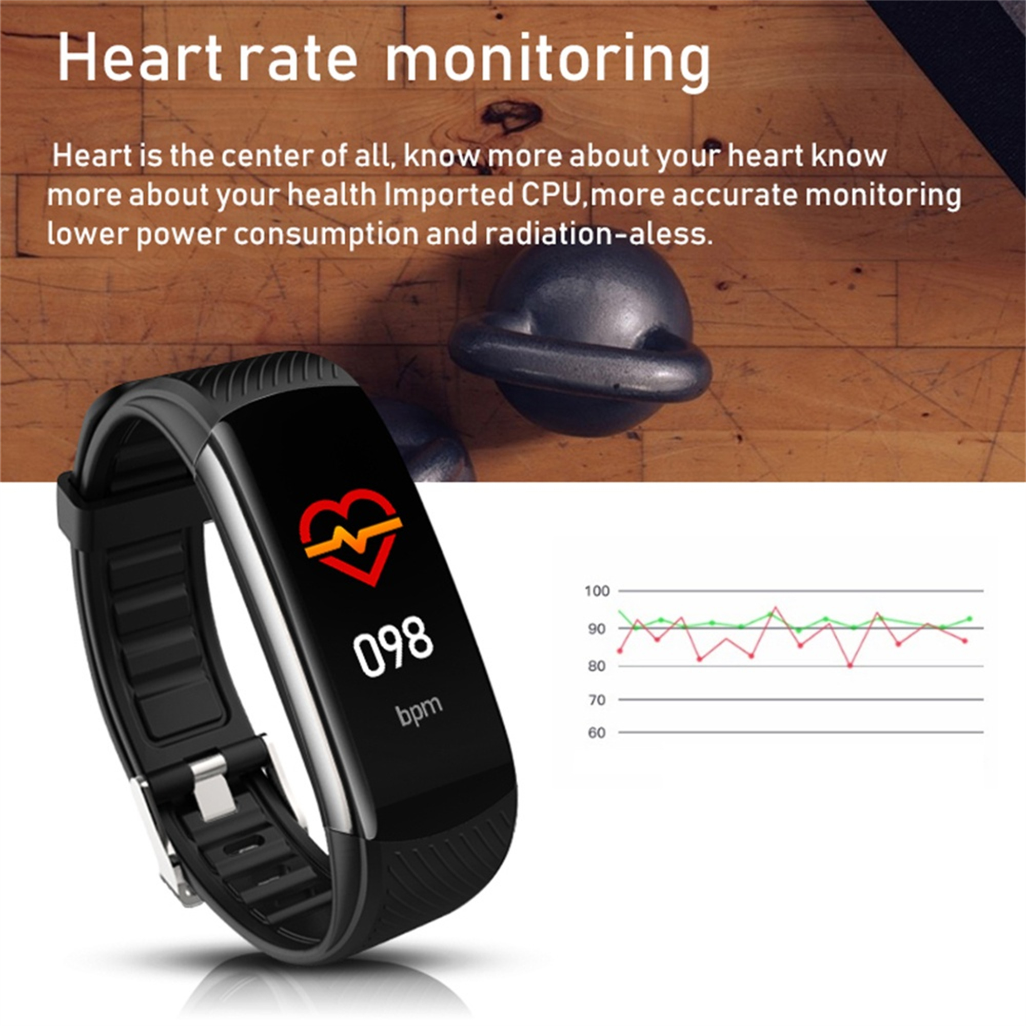 Schwarzer Fitness-Tracker mit Herzfrequenzanzeige und Diagramm.