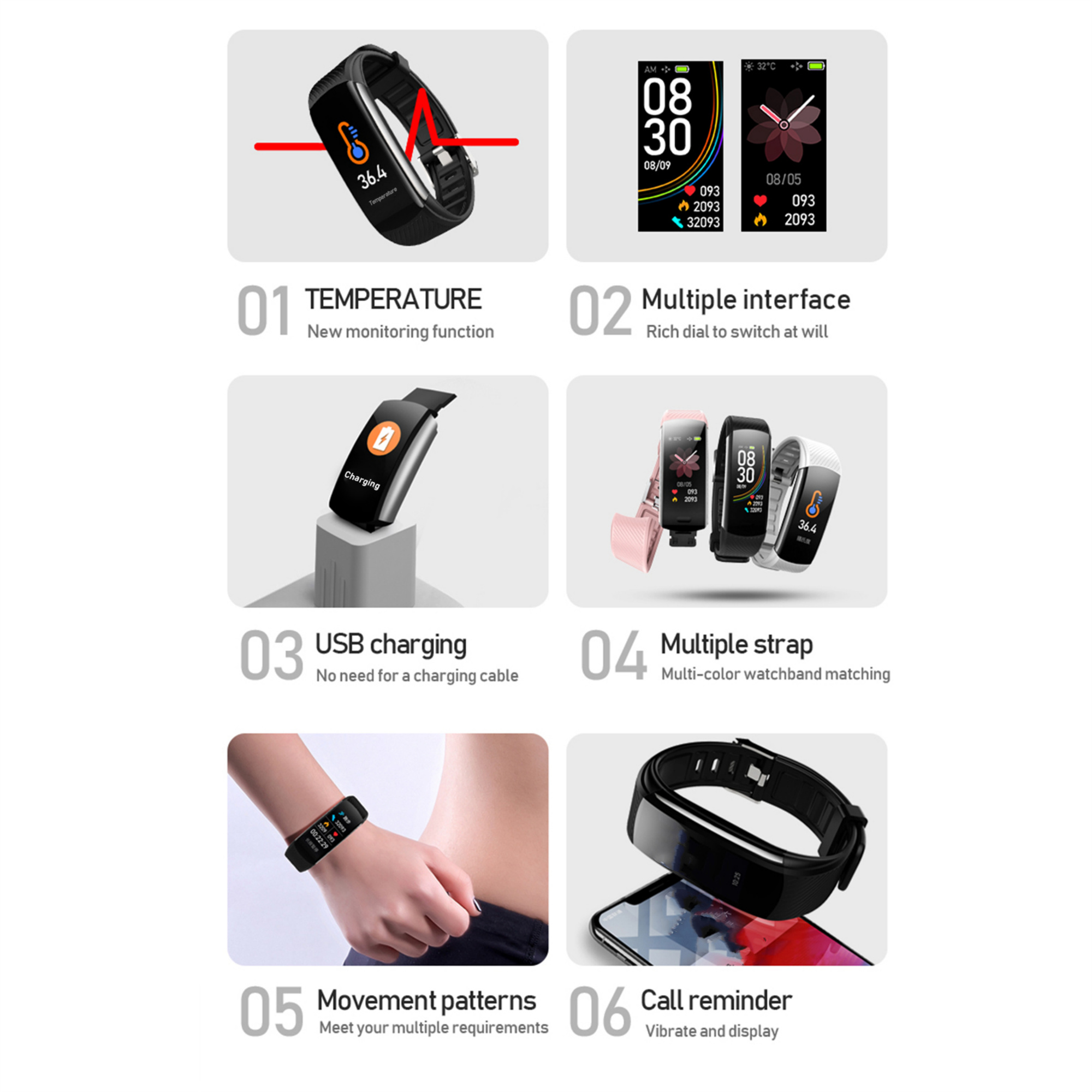 Diagramm, das eine Smartwatch mit mehreren Funktionen und Merkmalen zeigt.