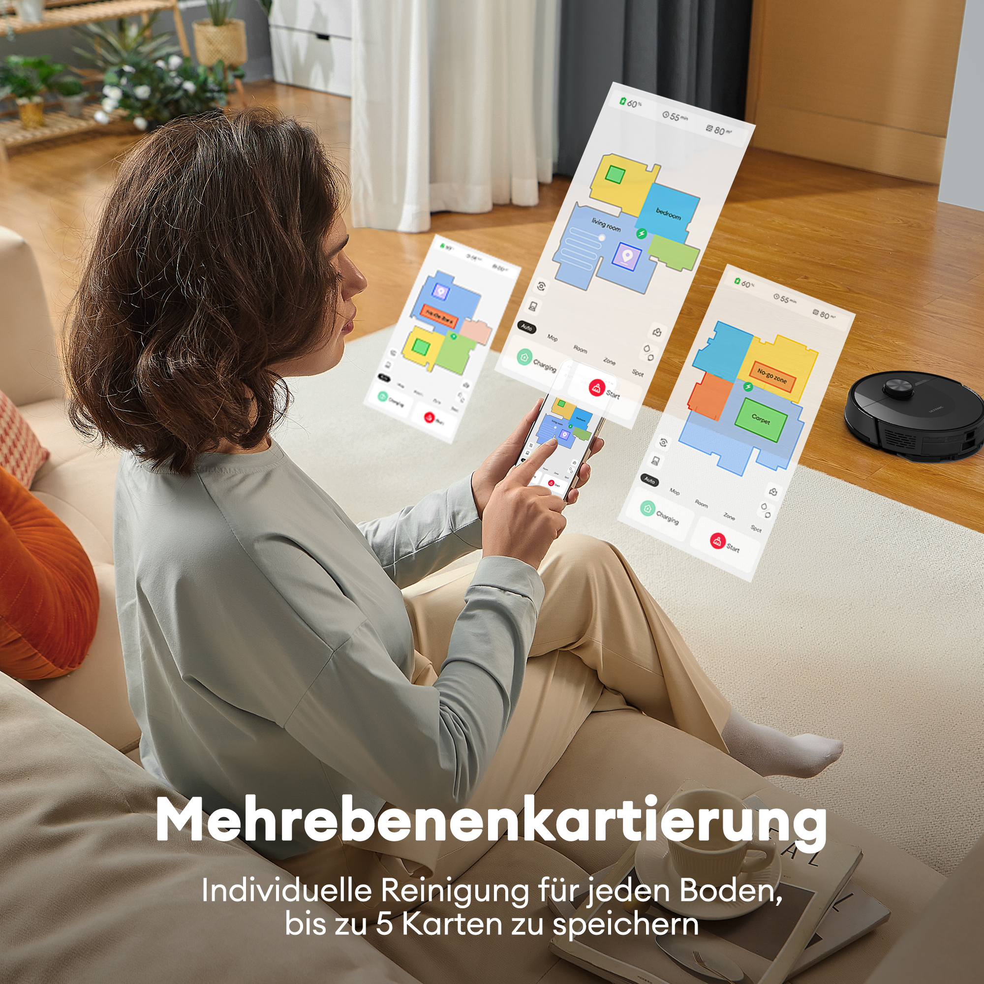 Frau benutzt ein Tablet, um einen Roboterstaubsauger zu steuern. Karten von Räumen werden angezeigt.