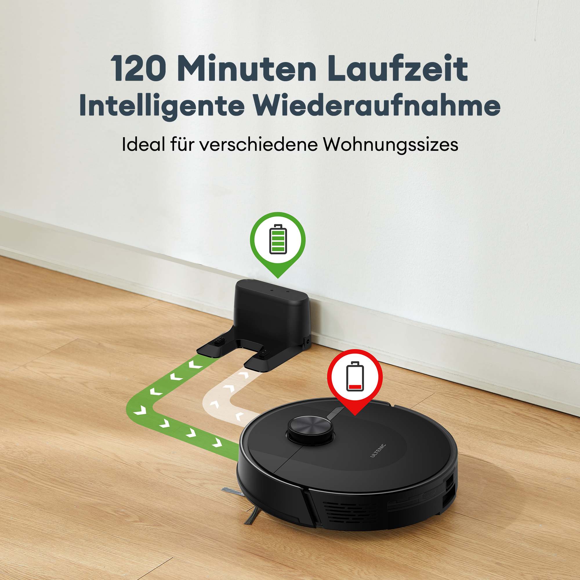 Ein schwarzer Roboter-Staubsauger und eine Ladestation auf einem Holzboden.