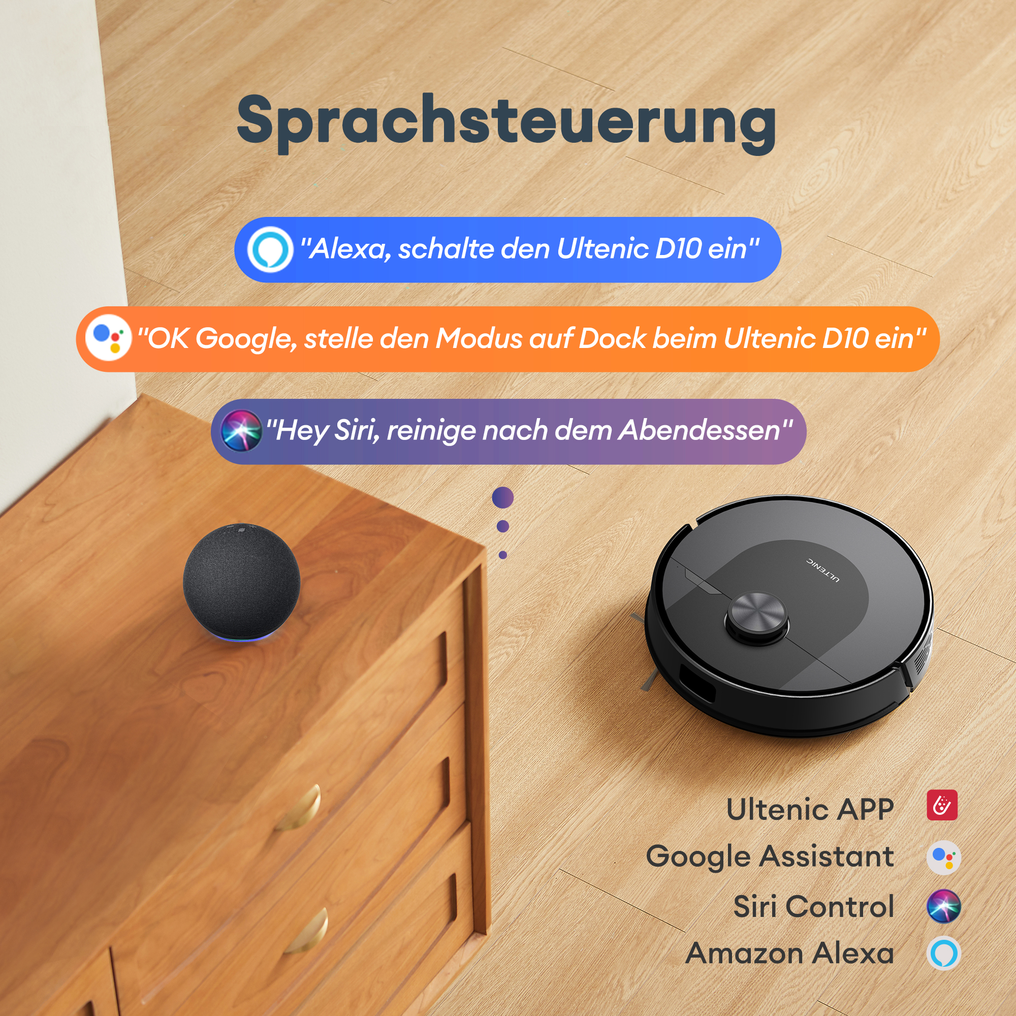 Smart-Home-Szene. Sprachbefehle für einen Roboterstaubsauger und einen Lautsprecher.