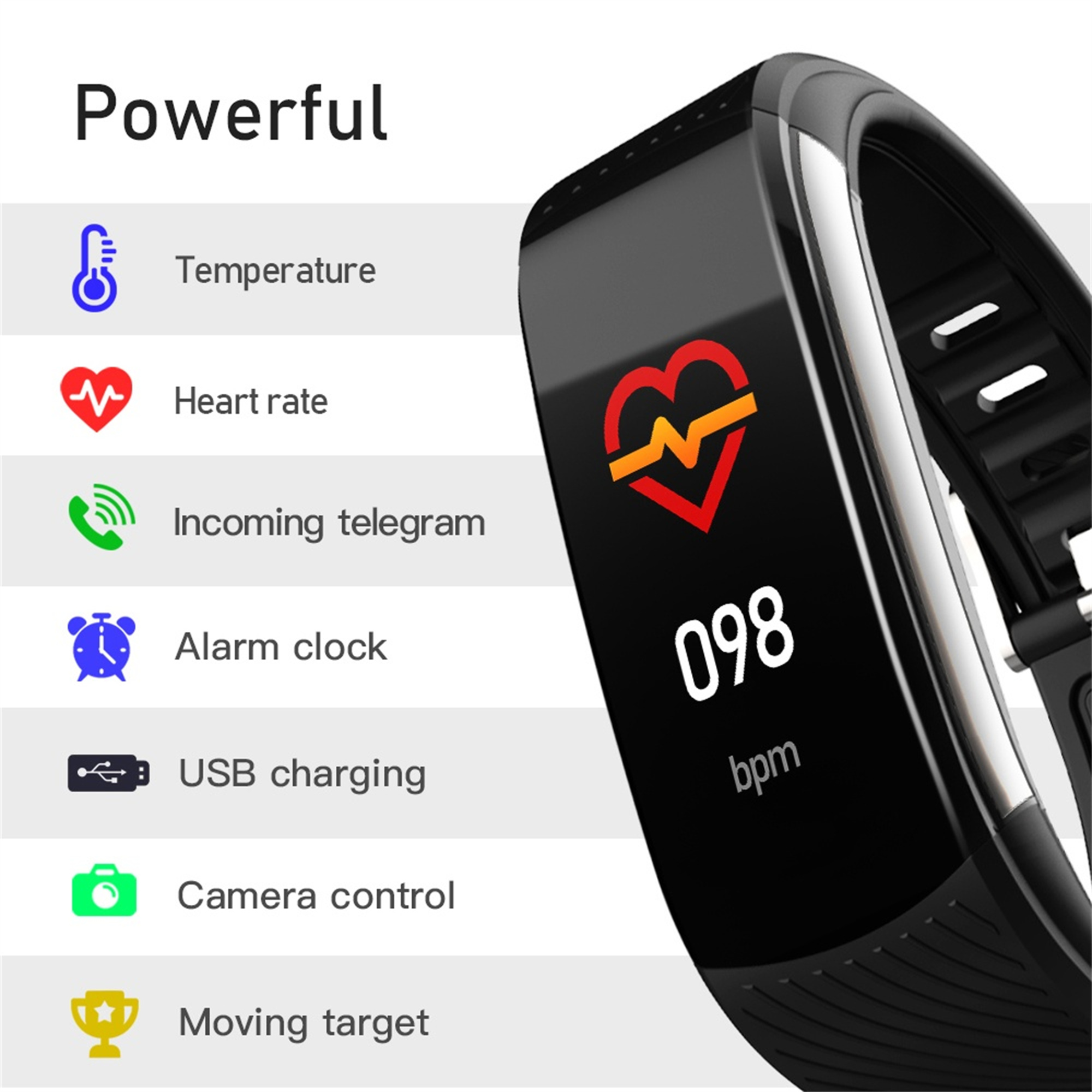 Schwarzer Fitnesstracker mit Herzfrequenzanzeige von 098 bpm, mit Funktionssymbolen.