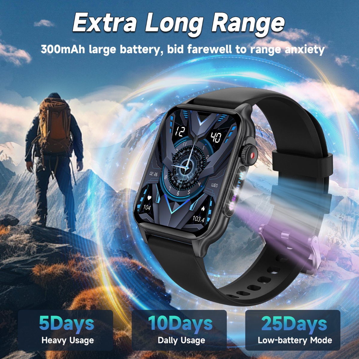 Eine Smartwatch mit schwarzem Armband und Berg-Hintergrund. Der Bildschirm zeigt Daten.